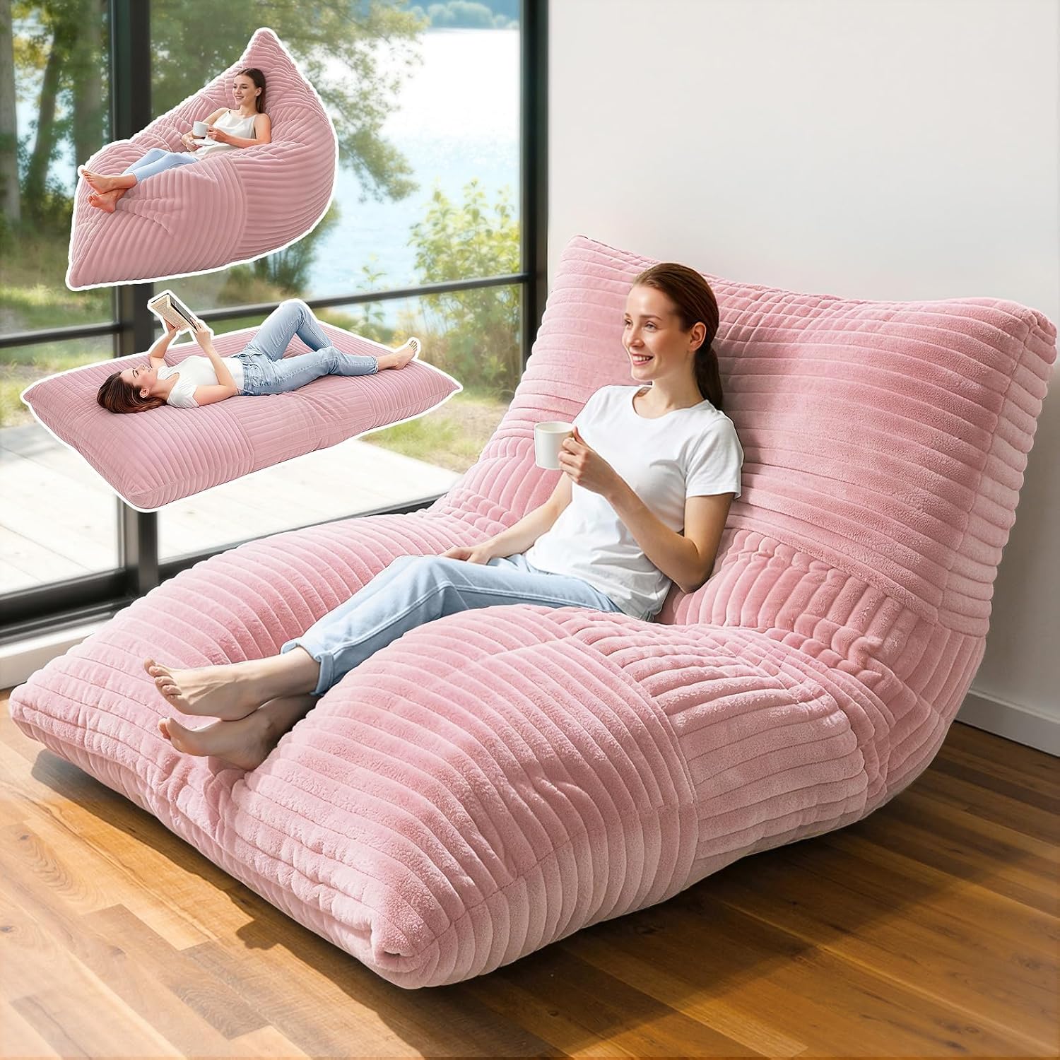 3 in 1 Giant Bean Bag Chair, Convertible Bean Bag Bed for Adults and Kids, Oversized Comfy Memory Foam Floor Sofa with Machine Washable Cover for Living Room, Bedroom & Dorm(Pink)
