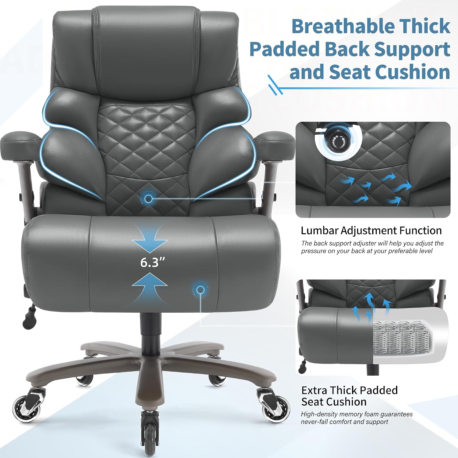 VUZI 700lbs Big and Tall Office Chair-Large Computer Chair with Adjustable Lumbar Support 3D Flip Arms Plus Size Wheels, High Back Executive Desk Chair, Heavy Duty Metal Base, Thick Padded Wide Seat