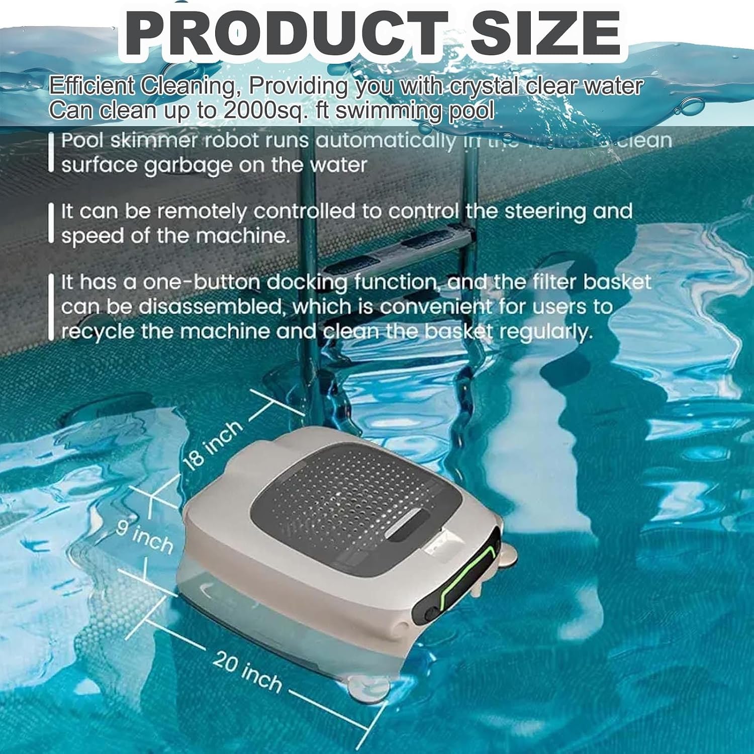 Robotic Pool Cleaner,Cordless Solar Robotic Pool Skimmer,with 7800mah Battery+10l Waste Collection Drawer+Remote Control+Auto Obstacle Avoidance,for Cleaning Hair,Fallen Leaves
