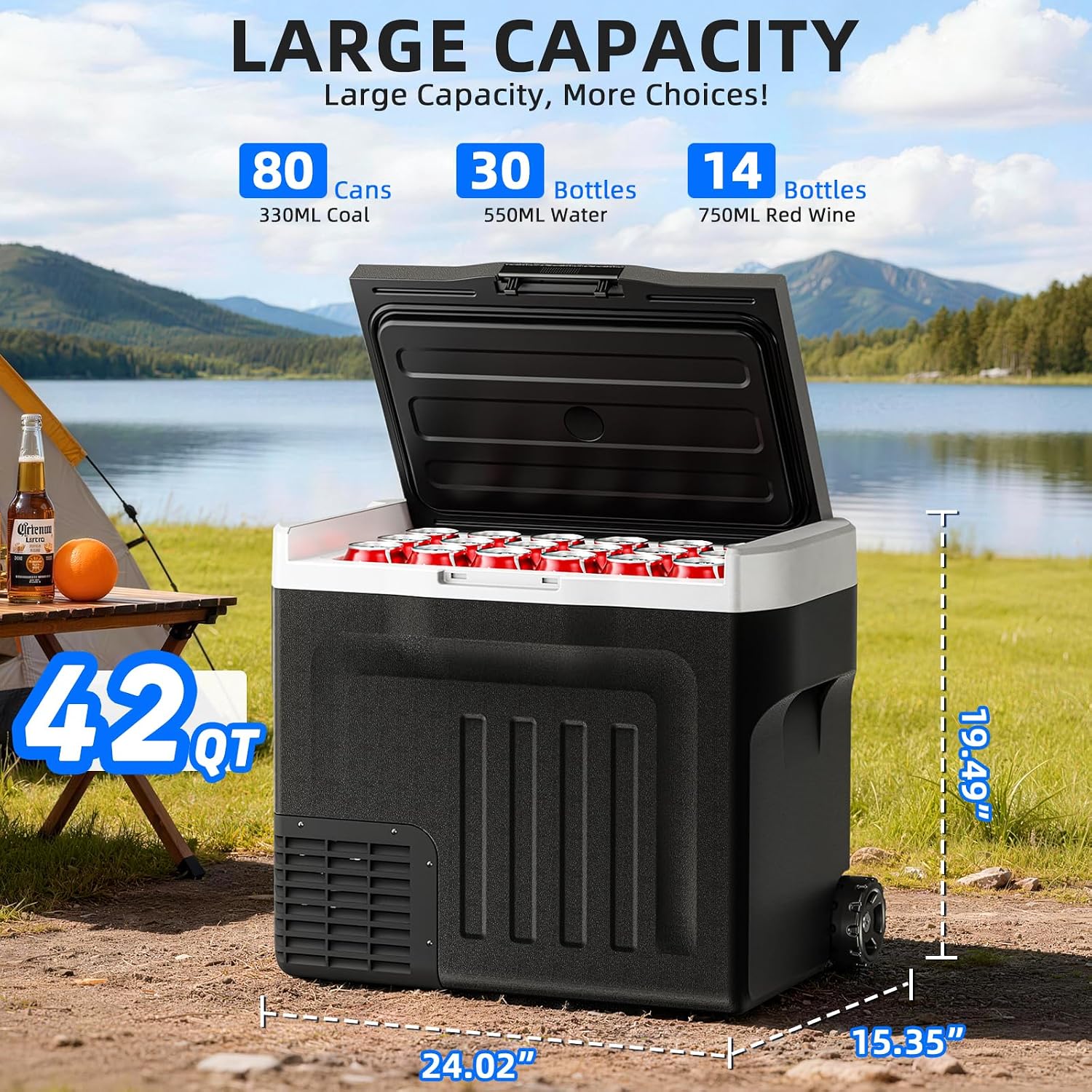 Antarctic Star 12 Volt Refrigerator 42QT(40L) Compressor Electric Cooler, Car Fridge -4℉~68℉, Portable Freezer 12V/24V DC 100-240V AC, 12V Cooler with Wheels & Handle for Travel,Camping,Truck, Black