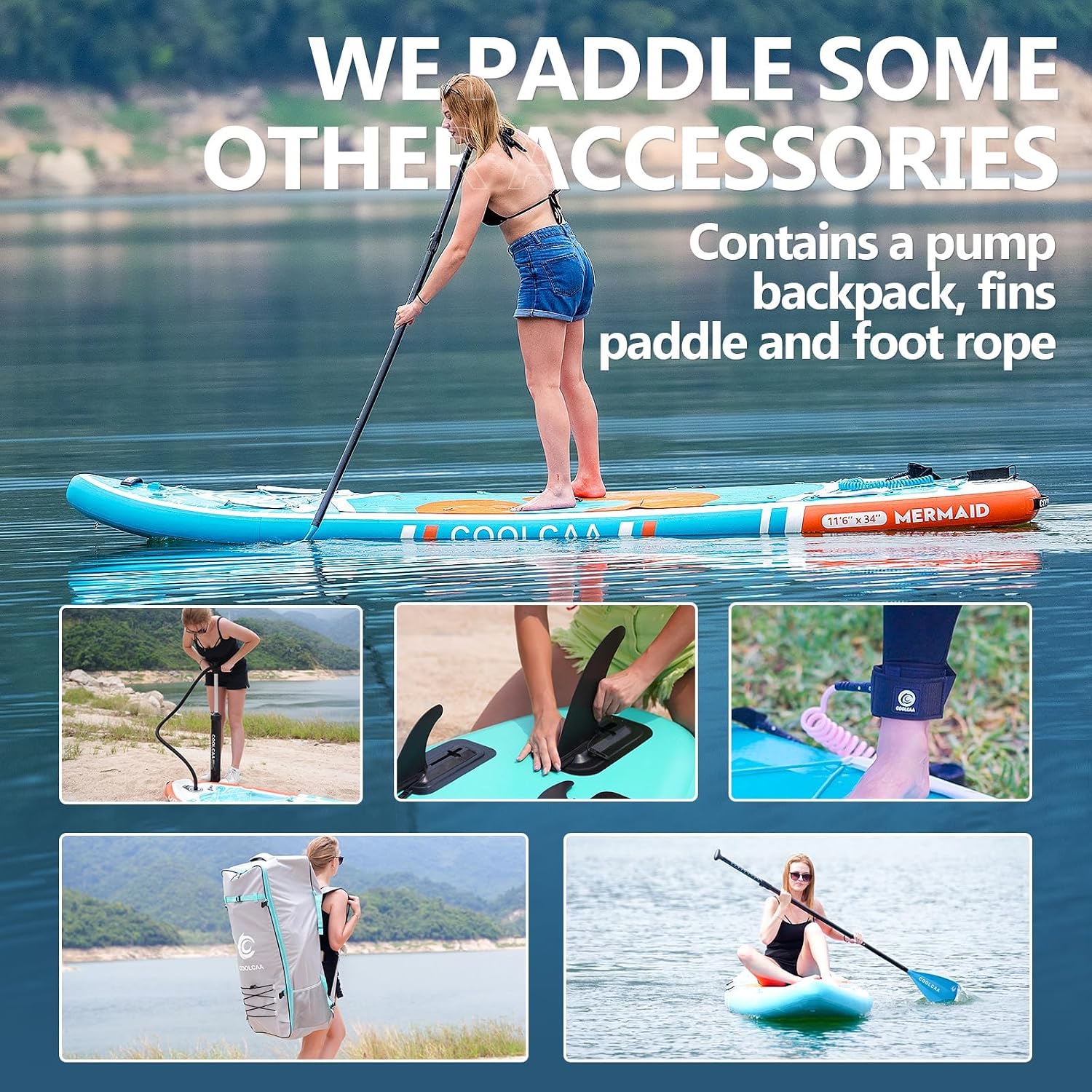 COOLCAA Mermaid 11'6' x 34' Extra Wide Inflatable Paddle Board, 490Lbs Capacity, Stable SUP for Family and Beginners, Perfect for Fishing & Water Activities, with Accessories & Backpack