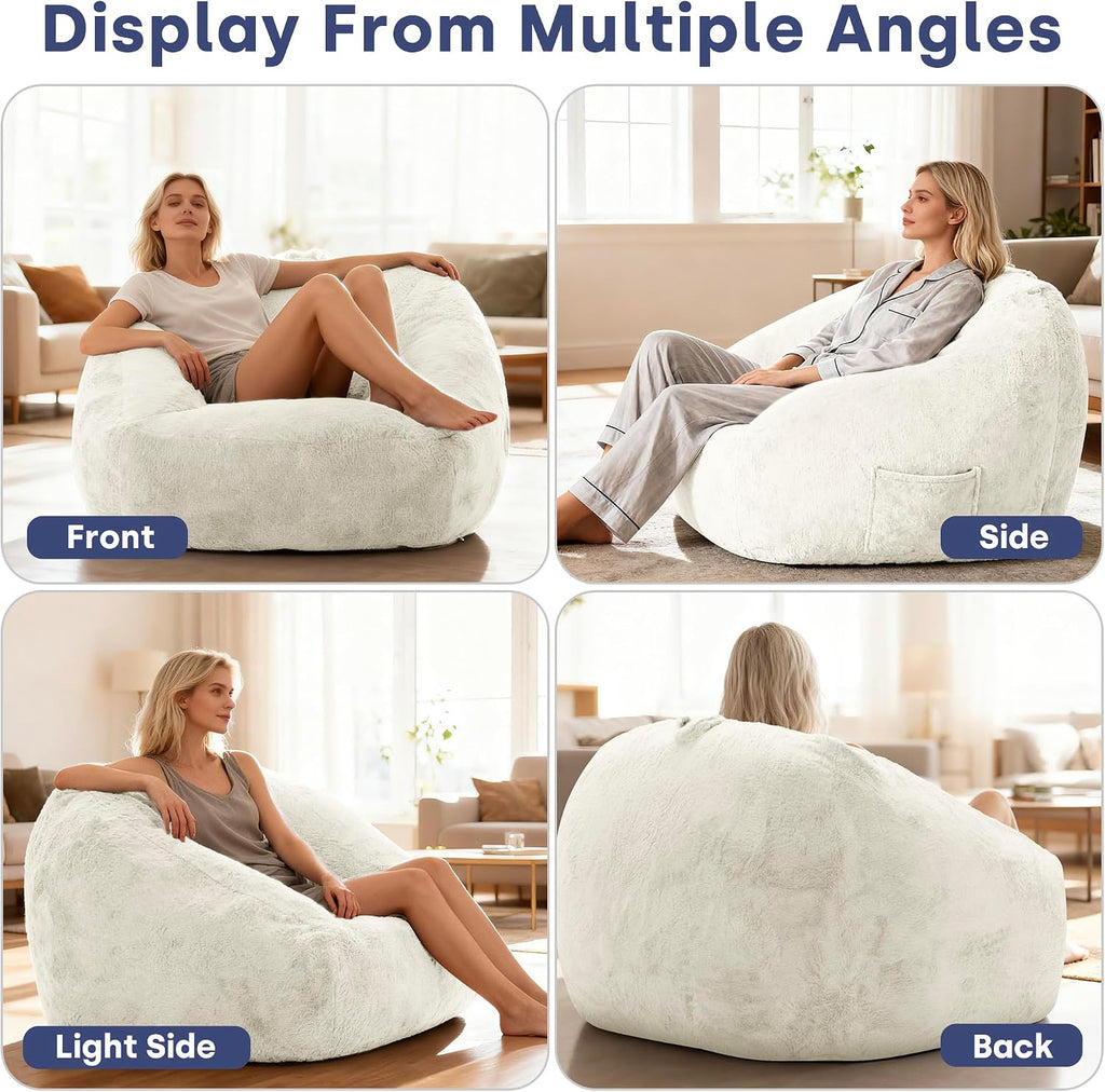 SUNBURY 47.2' L-Shaped Bean Bag Chair with Arms, Memory Foam Filled Lazy Sofa with Portable Handle & Side Pocket, Plush Floor Chair for Adults, Living Room, Bedroom, Reading Corner (Cream White)