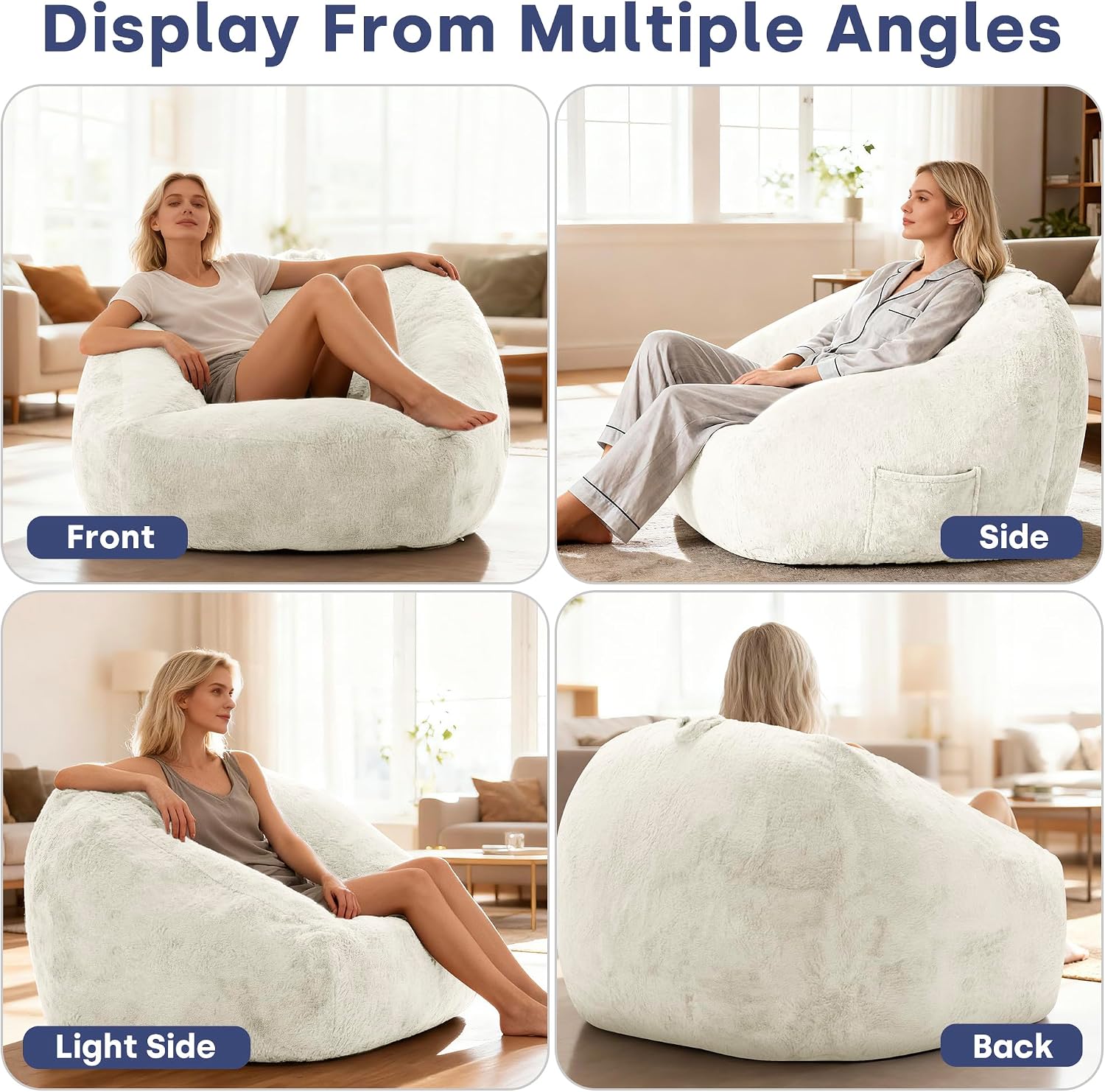 SUNBURY 47.2' L-Shaped Bean Bag Chair with Arms, Memory Foam Filled Lazy Sofa with Portable Handle & Side Pocket, Plush Floor Chair for Adults, Living Room, Bedroom, Reading Corner (Cream White)
