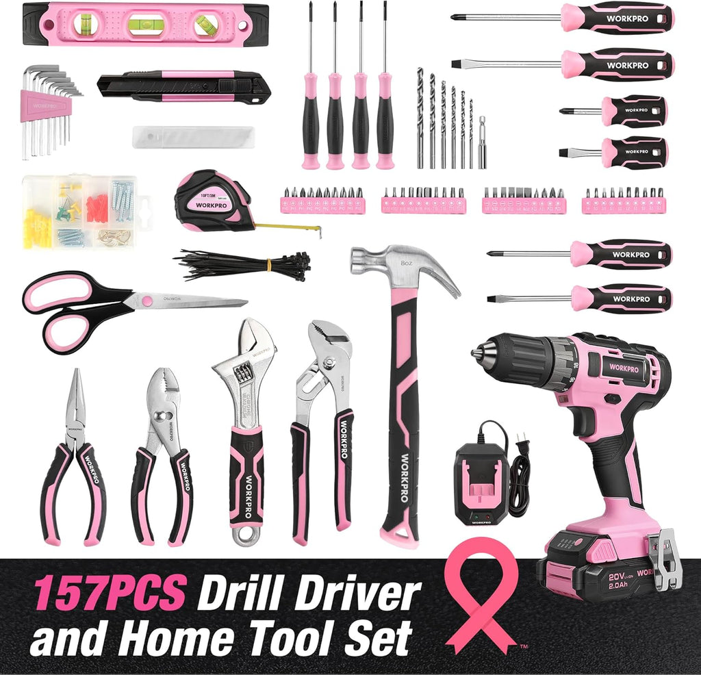 WORKPRO Pink Tool Kit with Drill, Tool Set with 20V Cordless Lithium-ion Drill Driver, Pink Drill Set for Women, 157PCS Home Tool Kit, Lady's Repairing Kit with 14-Inch Storage Bag - Pink Ribbon