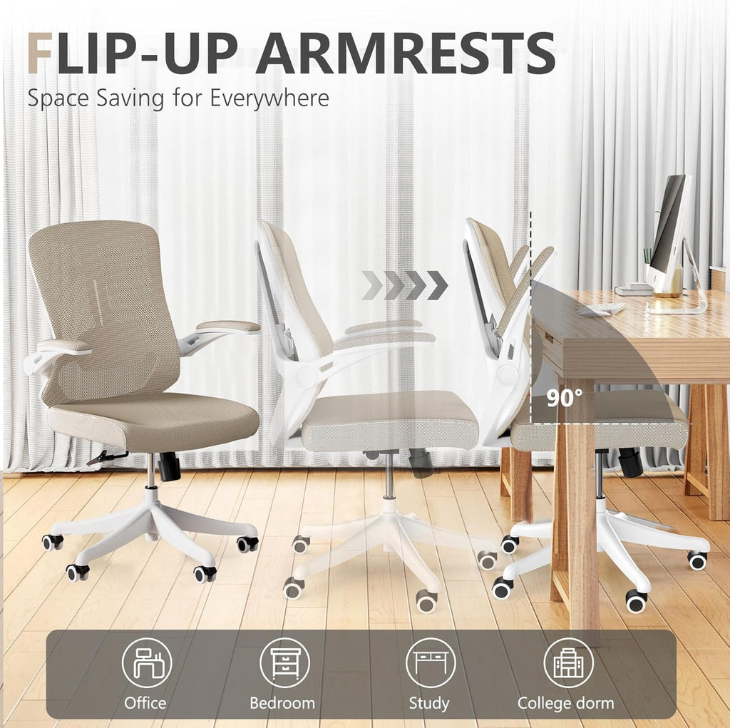 Ergonomic Office Chair with Adjustable Lumbar Support & Flip-Up Armrests - High Back Computer Desk Chair with Thickened Seat Cushion, Rolling Wheels for Home/Office Study Work (08khaki)