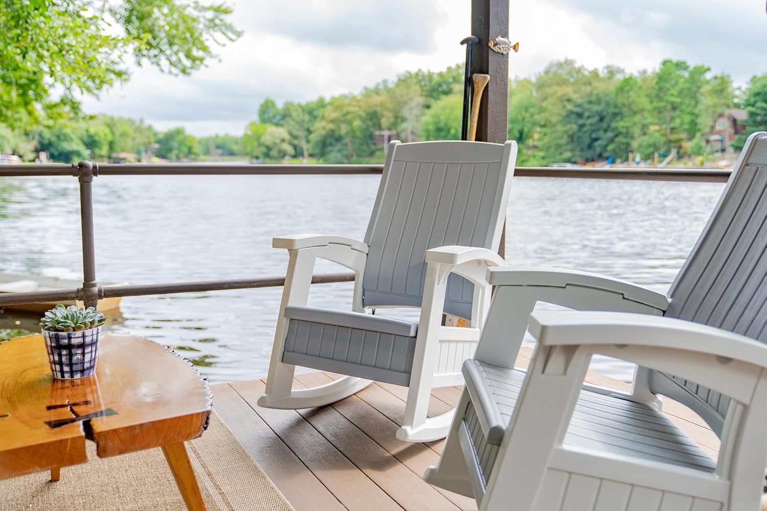 Suncast Outdoor Patio Rocking Chair with Under-Seat Storage, Stylish Faux Wood Outdoor Rocker for Patios, Dove Gray and Ice Cube, Made in The USA