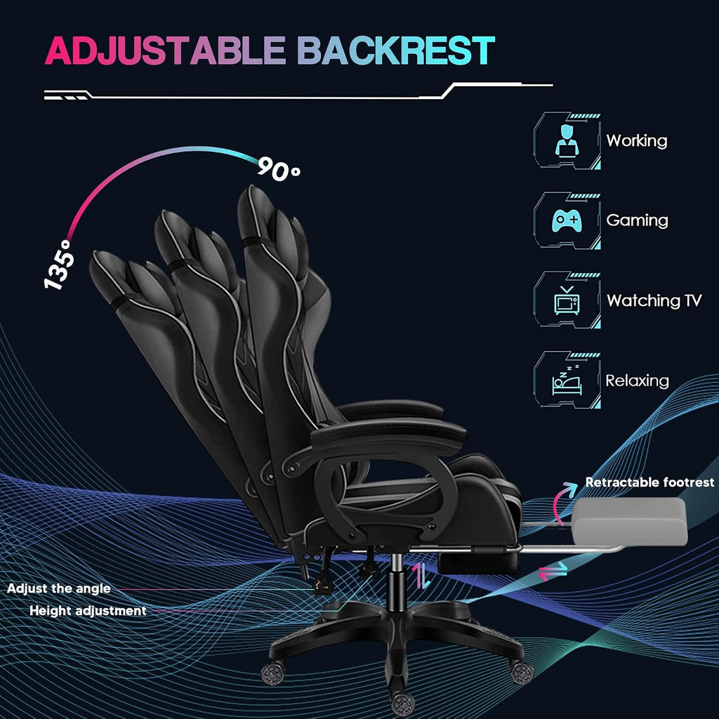 Full Massage Gaming Chair with Speakers and LED Lights Ergonomic Office Chair with Footrest Lumbar Support Adjustable Height Racing Game Chair PU Leather Computer Chair for Adults Teens,Pink