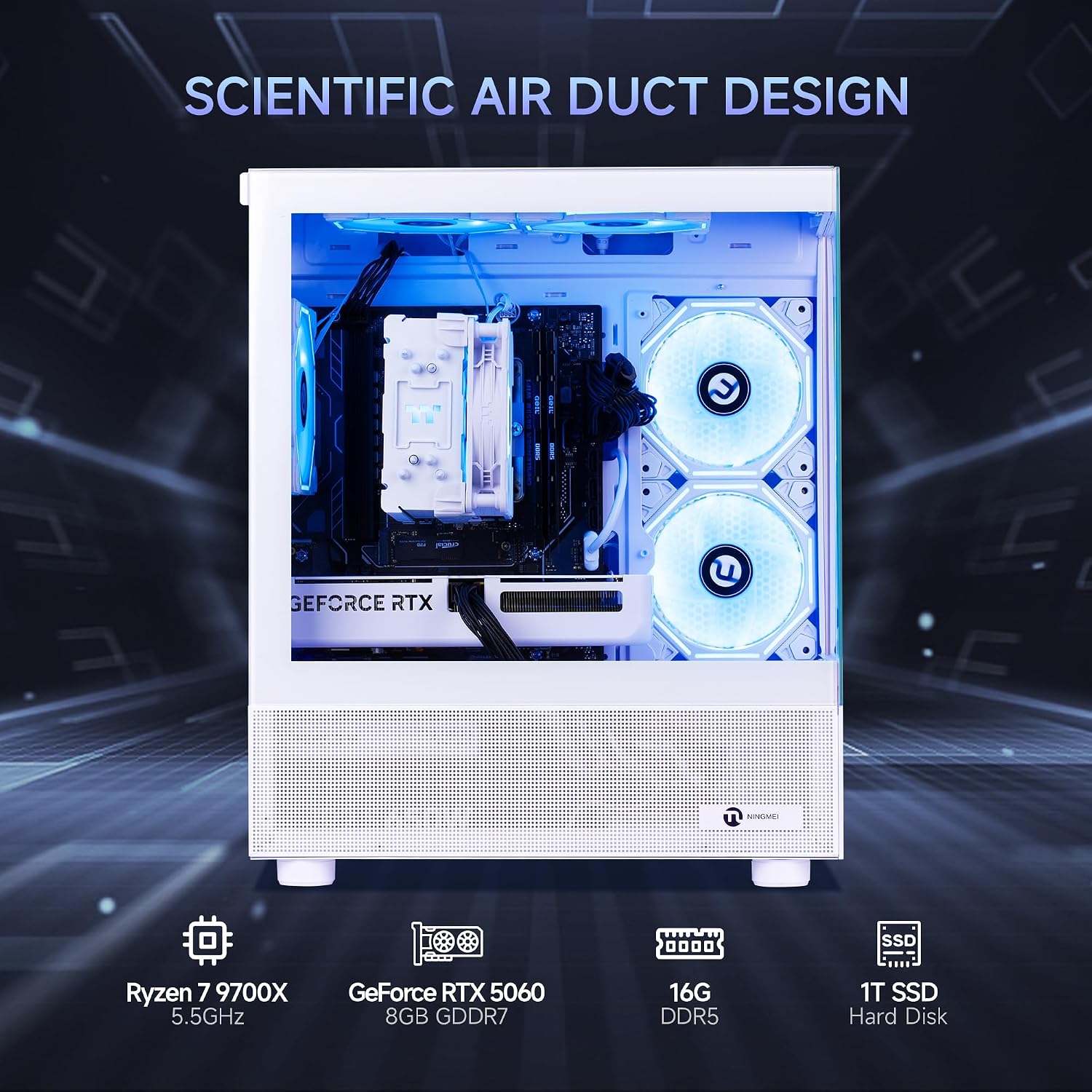 NINGMEI Gaming PC Desktop, AMD Ryzen 7 9700X 8 core 3.8GHz(up to 5.5GHz), GeForce RTX 5060 8GB, 16GB DDR5 RAM 6000MHz, 1TB NVME SSD, 650W PSU, Windows 11 Home 64-bit, WiFi, White