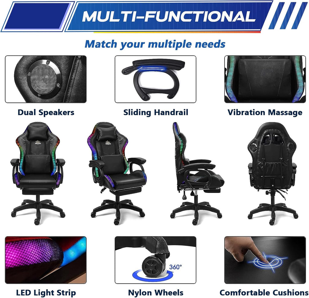 Massage Gaming Chair with Speakers Video Game Chair with RGB LED Lights Ergonomic Racing Office Chair PU Leather Recliner Computer Chair Swivel Chair with Headrest Armrest Lumbar Support,White