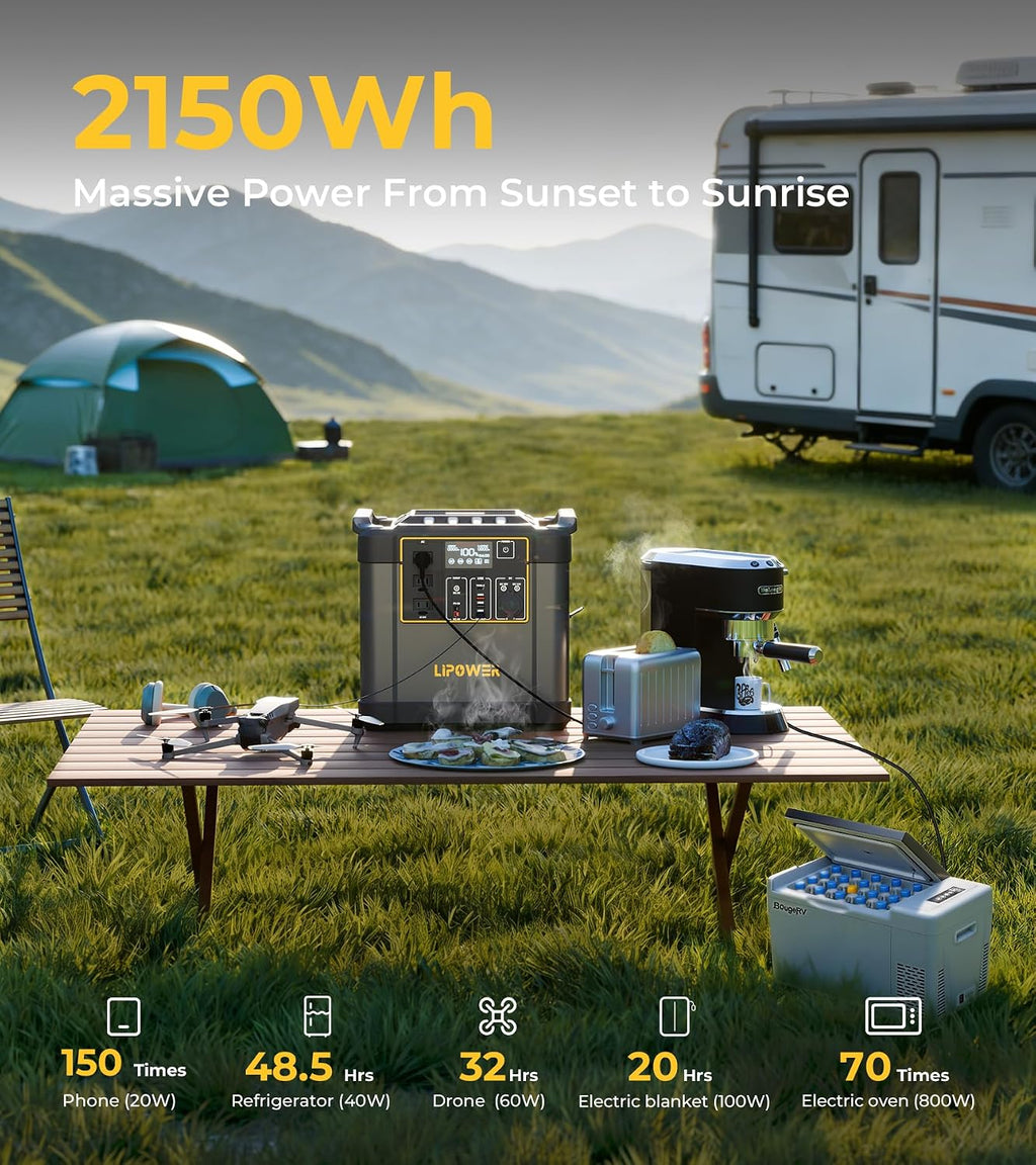 Lipower 2150Wh Power Station with 100W Solar Panel, Solar Generator 2400W/4000W Peak Pure Sine Wave LiFePO4 Battery, IP68 Waterproof ETFE Portable Solar Panel for Home Emergency Backup Camping