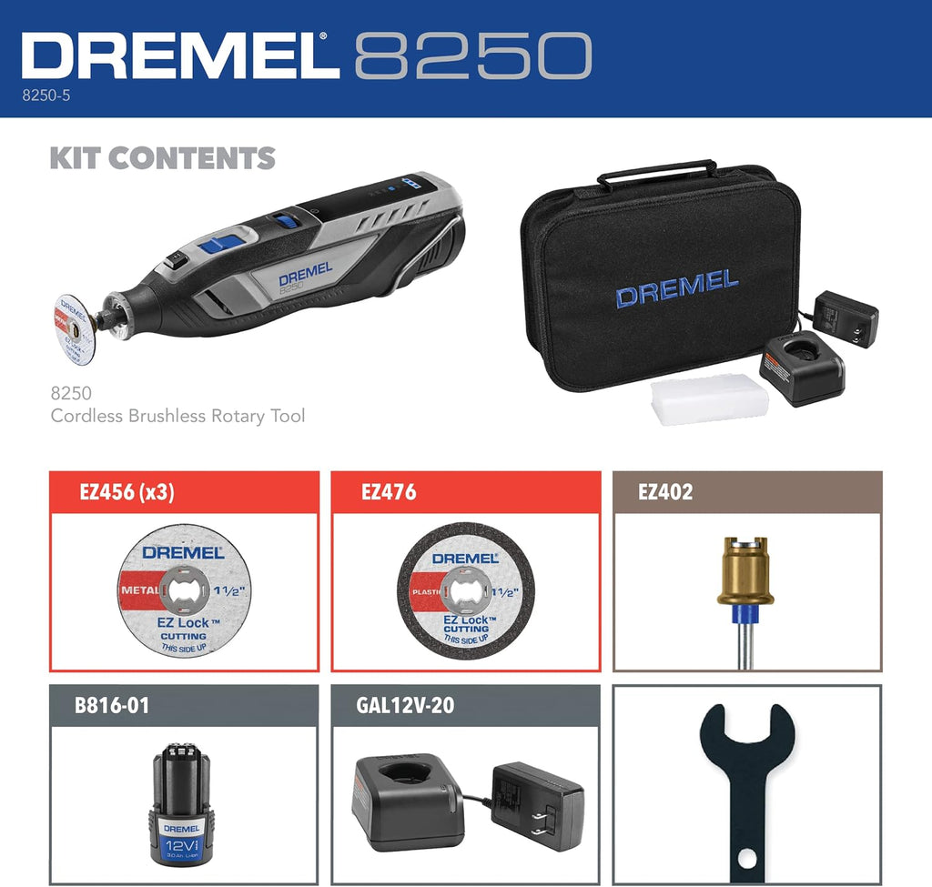 Dremel 8250-5 12V Lithium-Ion Variable Speed Cordless Rotary Tool with Brushless Motor - 5 Rotary Tool Accessories, 3Ah Battery, Charger, and Tool Bag