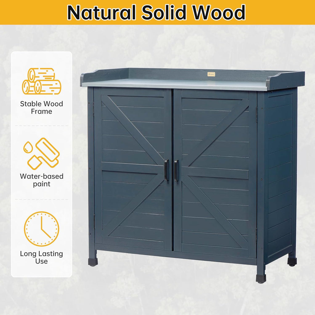 HABAU Outdoor Potting Bench with Storage Cabinet & Metal Tabletop, Wooden Garden Workstation for Patio, Weatherproof