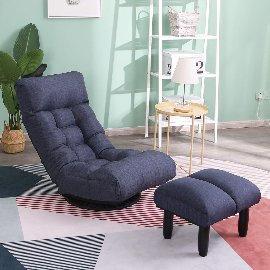 360° Swivel Floor Gaming Chair, Floor Chair, 14 Adjustable Head Segments 3 Waist Segments, Ergonomic Recliner for Gaming Reading Living Room, Includes Footrests (Navy)