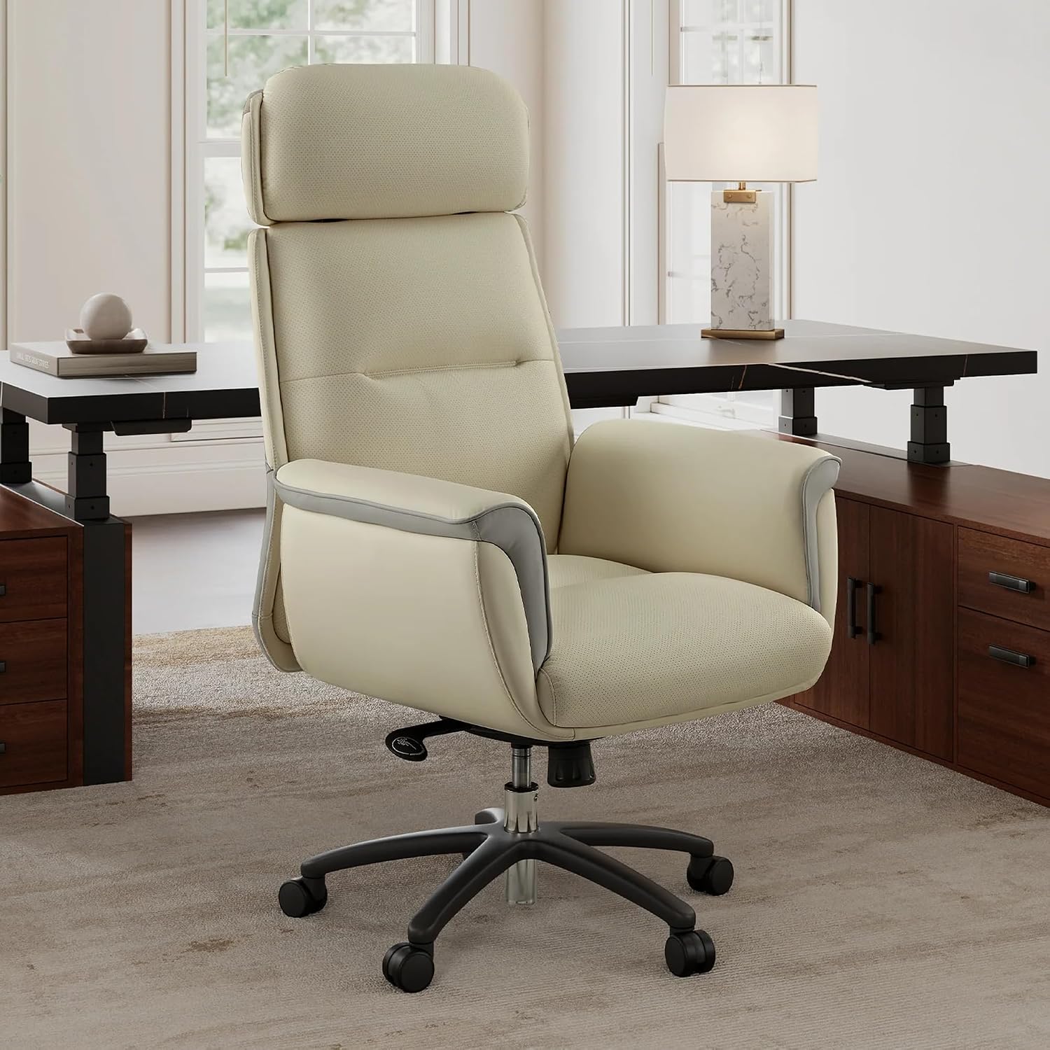 EUREKA ERGONOMIC Microfiber Leather Office Chair Ergonomic Desk Chair, Executive Chair Office Gaming Chair, Comfy Big and Tall Office Chair with Elevatable Headrest & Padded Armrests, Beige