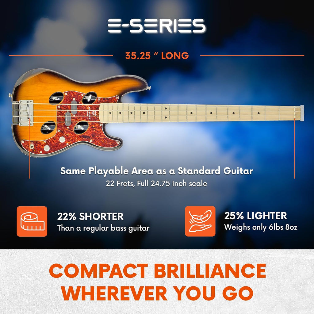 Traveler Guitar TB-4P Sunburst Bass | Travel Guitar with Aux-in | 4 String Bass Guitar with 22 Jumbo Frets | Full 32' Scale Portable Electric Bass Guitar | Headless Guitar with Custom Gig Bag