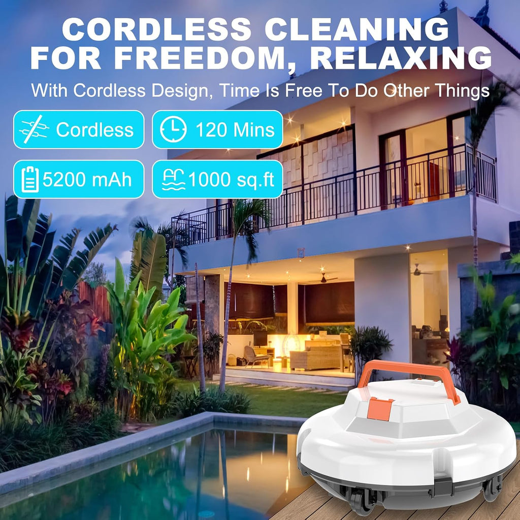 2026 Cordless Robotic Pool Cleaner, Pool Vacuum for Above Ground Pool with 120 Mins Runtime, Auto-Parking Robot Pool Cleaner for Inground Flat Pools Up to 1000 sq.ft