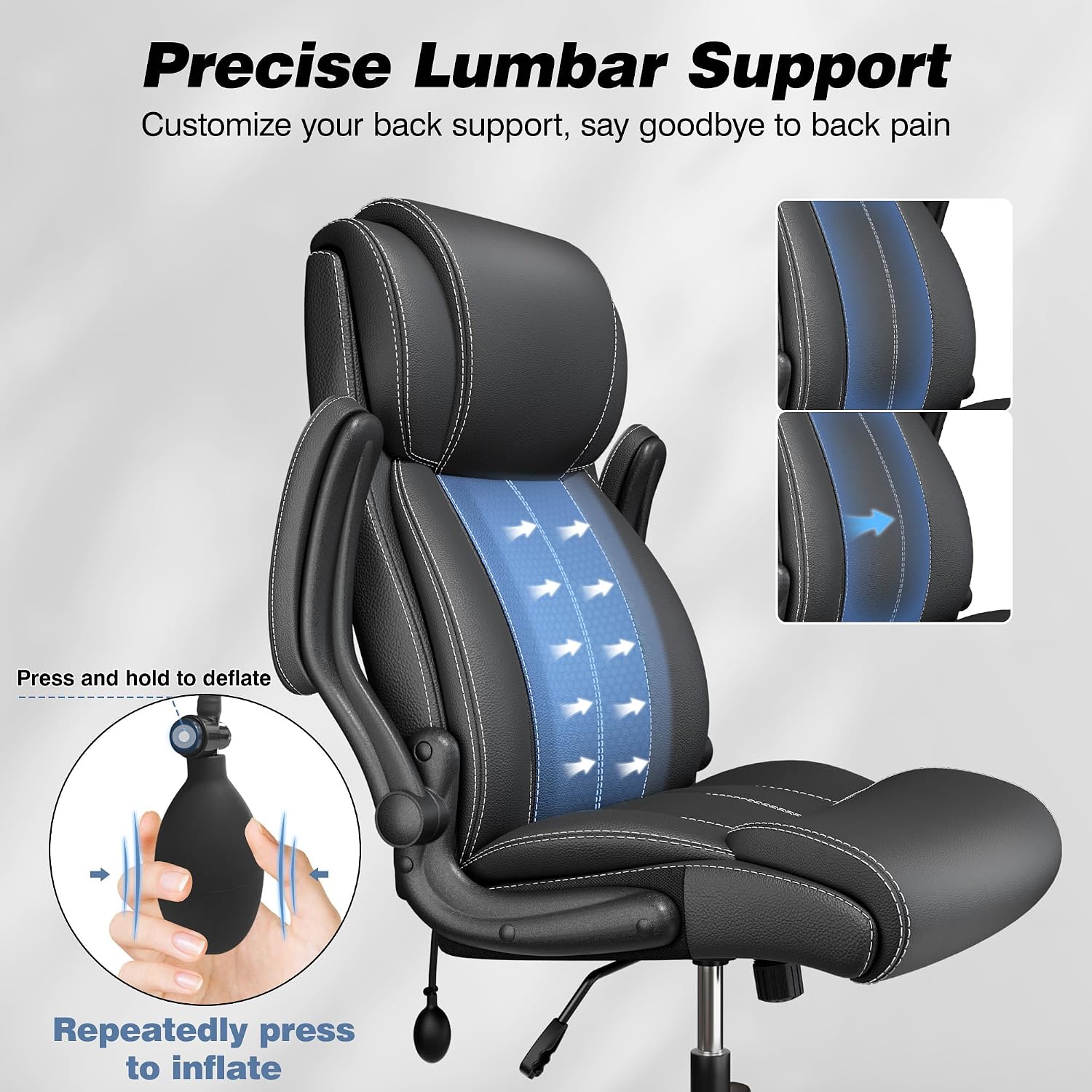 BESTFAIR Ergonomic Office Chair - Desk Computer Chair, Leather High Back Executive Chairs with Adjustable Lumbar Support & Flip Up Arms, Rocking, Black