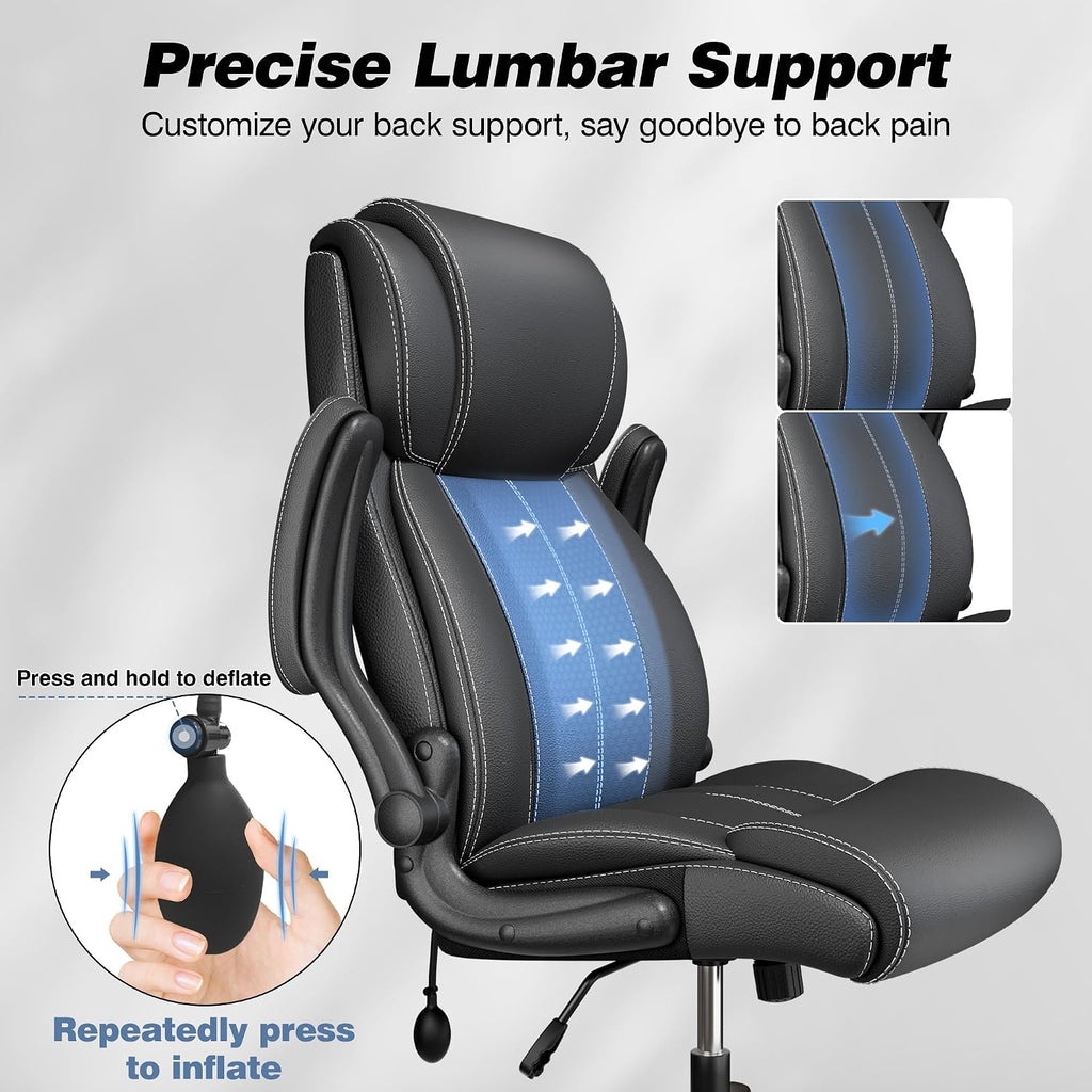 BESTFAIR Ergonomic Office Chair - Desk Computer Chair, Leather High Back Executive Chairs with Adjustable Lumbar Support & Flip Up Arms, Black 2 Pack