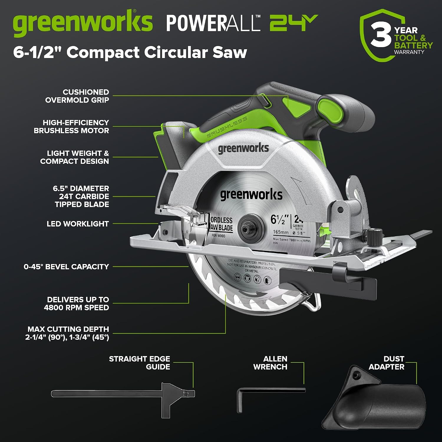 GREENWORKS 24V Combo (1/2' Drill + 1/4' Impact Driver + 6.5' Circular Saw + 200Lm Flashlight), 4.0Ah + 2.0Ah Batteries (24,000mAh PB), (2) Braided Cables, 65W Rapid Charger,High-Efficiency