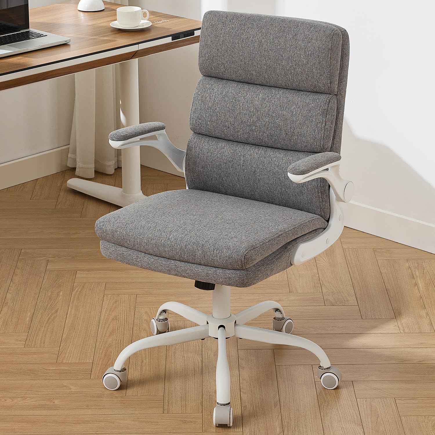 amseatec Office Chair Adjustable Desk Chair Mid Back Executive Comfortable Fabric Ergonomic Back Support Home Computer Chair with Padded Flip-up Armrest Swivel Wheels (Cement Gray)