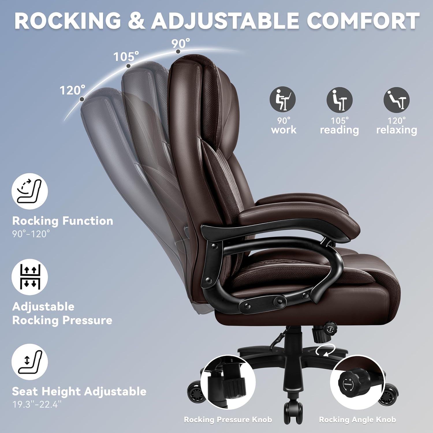 X-Large Office Chair 500 Lbs Capacity, Ergonomic PU Leather Executive Chair with Lumbar Support & Quiet Rubber Wheels, Comfy Heavy Duty Desk Chairs for Heavy People, Brown