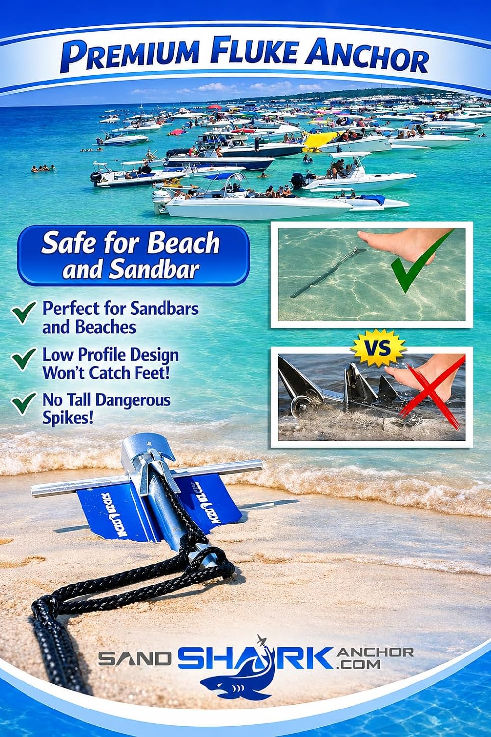 SandShark Premium Fluke Anchor-Retractable Shaft Easy Storage-Aluminum Pontoon Boat Anchor, Jet Ski Anchor. Boats<30 ft. Sand Anchor for Boat, Boat Anchor.