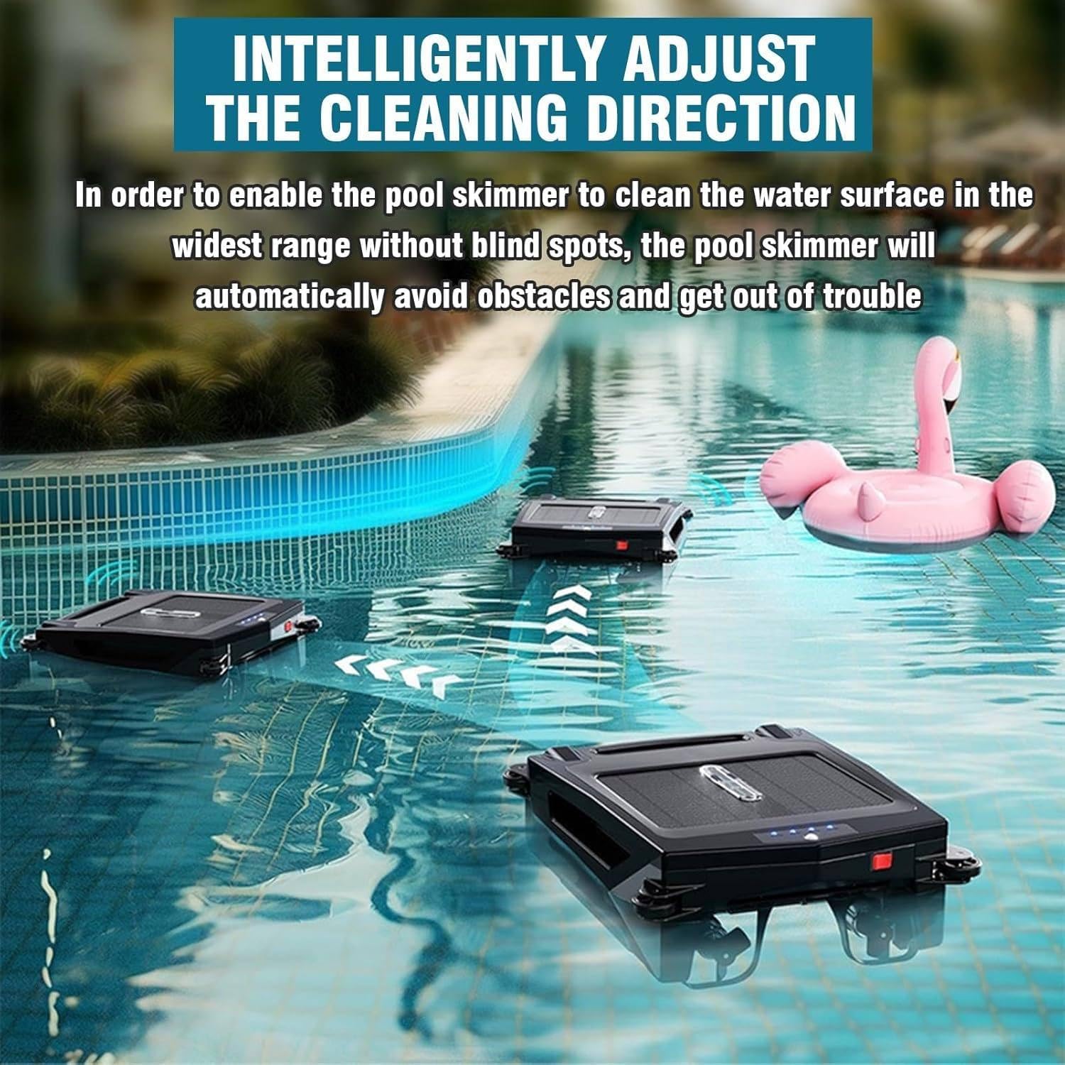 Solar Powered Robotic Pool Skimmer with Solar and Battery Dual Power Supply Mode, Dual Charging Options, 2 Speed Modes, Smart Obstacle Avoidance, Lasts 5h on Cloudy Day