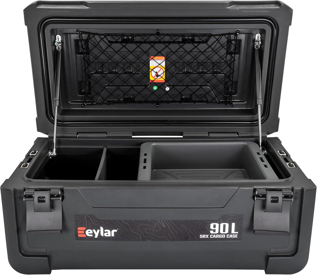 SRX-90 Overlanding Cargo Case – 90L Waterproof Storage Box for Camping, Off-Road & Truck Bed Gear – Heavy-Duty Lockable Storage with Gas Strut Lid, Stackable Design & Interior Organizer Tray (Black)