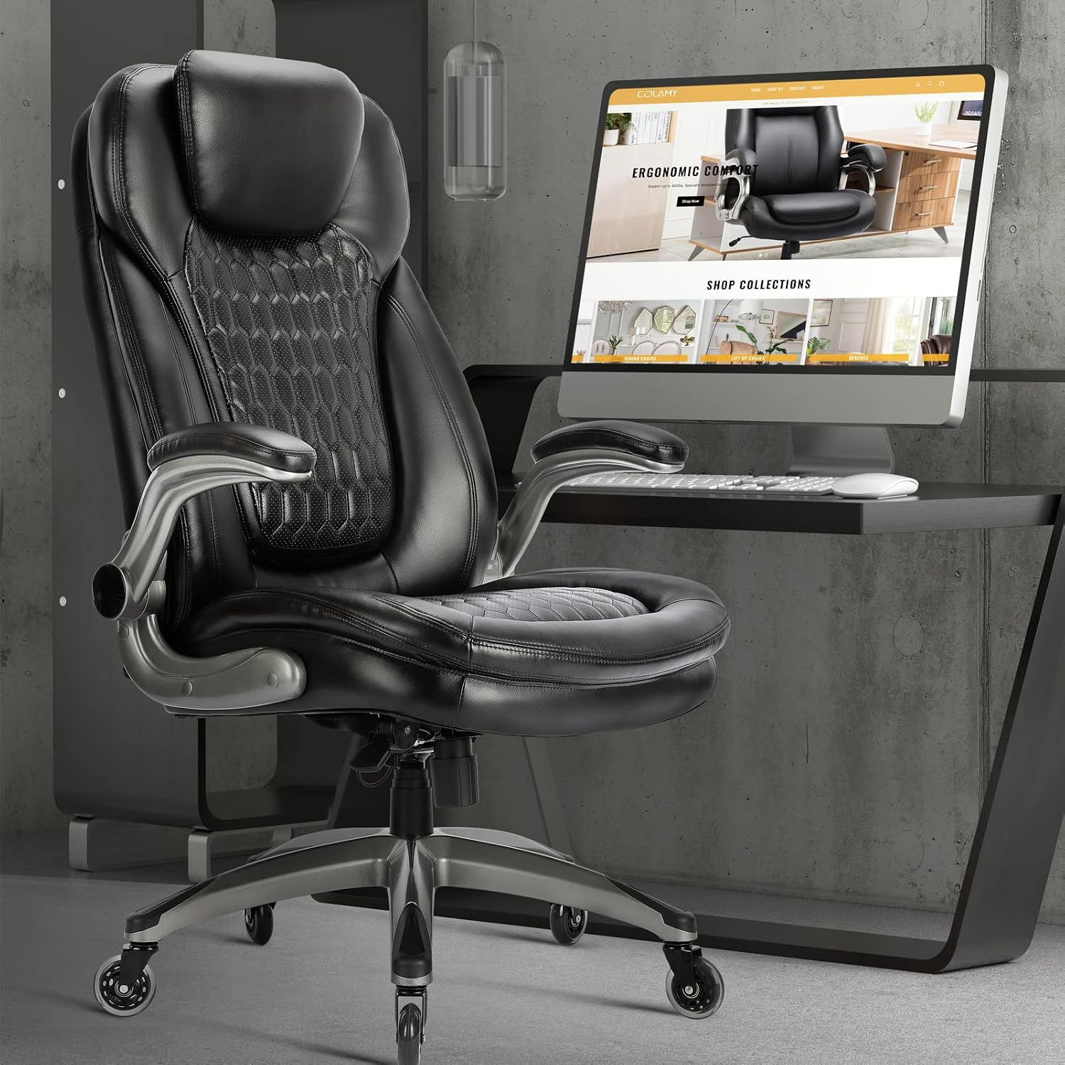 COLAMY High Back Executive Office Chair (Set of 2), Ergonomic PU Leather Desk Chairs with Flip-Up Arms and Upgraded Swivel Casters, Comfortable Computer Chairs for Home Office – Black
