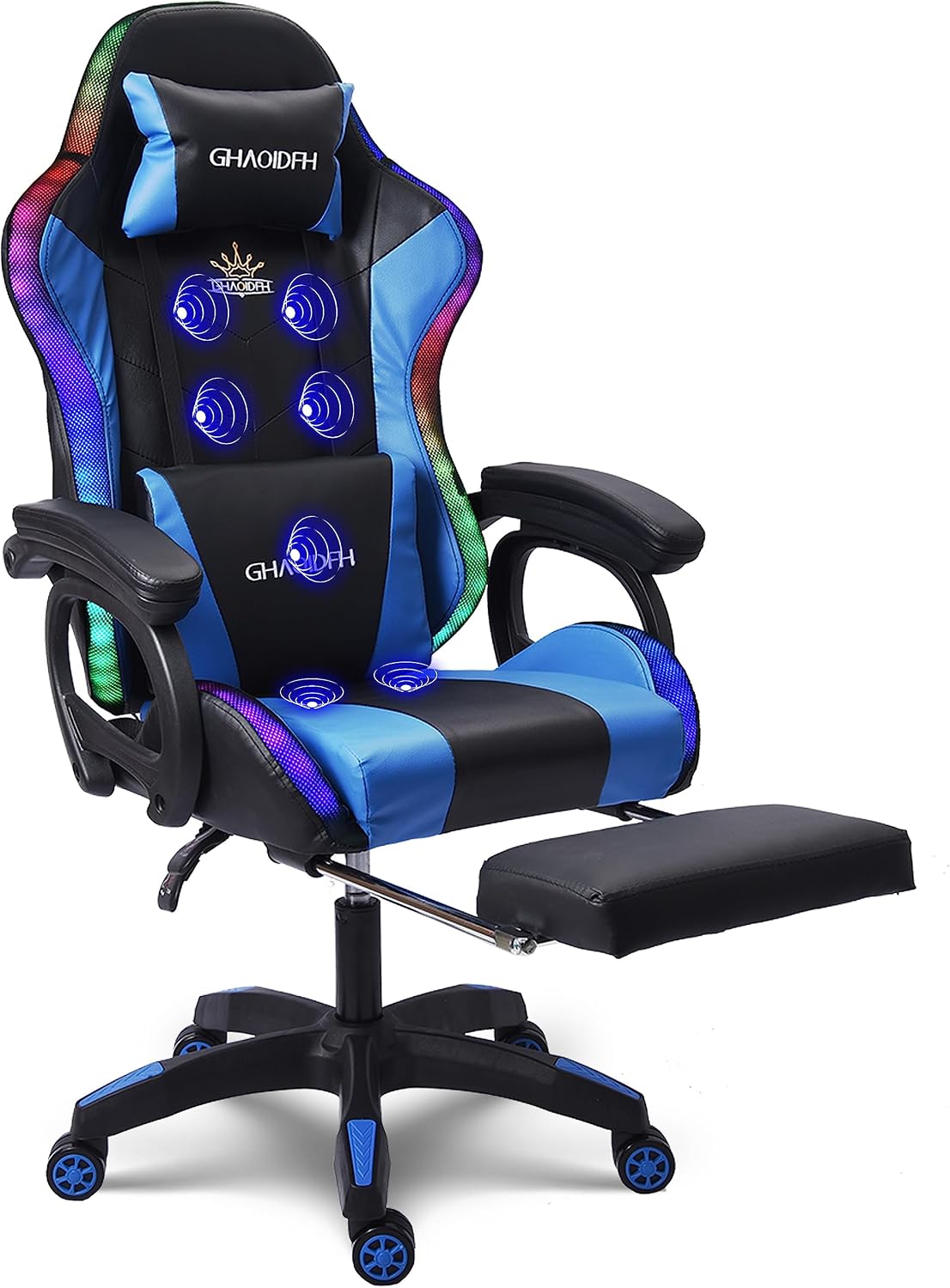Video Gaming Chair with Speaker and RBG Light, Ergonomic Computer Chair with Massage Function, Comfortable Computer Recliner with Footrest and Lumbar Support,Gaming Chair for Adults Kids.,Blu