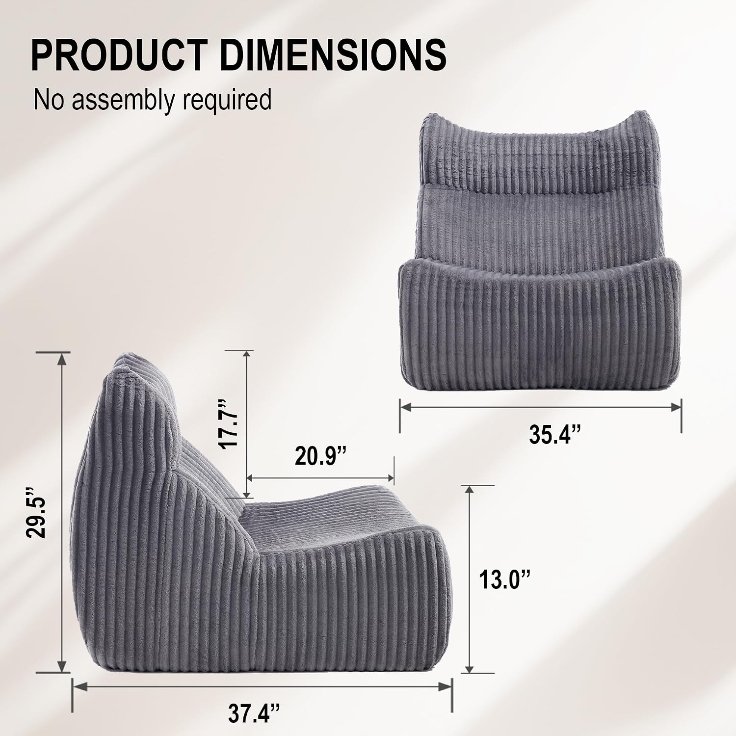 Bean Bag Chairs for Adults, Giant Bean Bag Chair, Memory Foam Lounge Chair, Comfy Lazy Floor Chair, Bean Bag Sofa for Living Room, Bedroom and Office, Single Bean Bag (Grey)