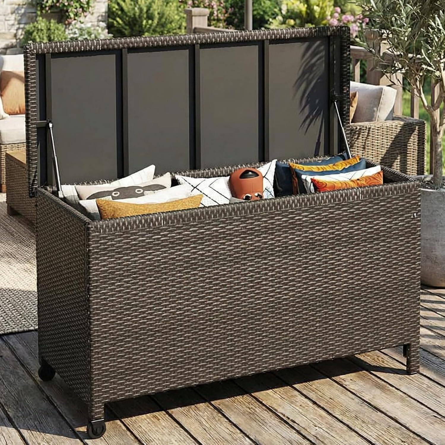 125 Gallon Outdoor Storage Box with Wheels - Large Wicker Rattan Deck Box for Patio Cushions, Garden Tools, Pool Floats & Pillows, All-Weather Patio Furniture Storage, Brown