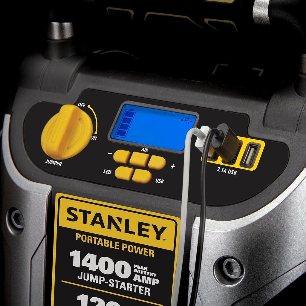 Stanley J7C09D 1400 Peak Amp Automotive Jump Starter, Portable Power – Triple 15W USB Ports, 120 PSI Air Compressor for Tires & Sports Equipment