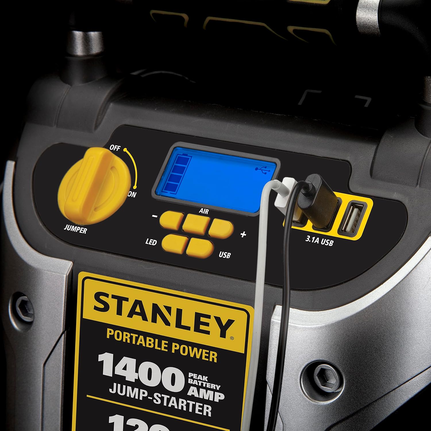 Stanley J7C09D 1400 Peak Amp Automotive Jump Starter, Portable Power – Triple 15W USB Ports, 120 PSI Air Compressor for Tires & Sports Equipment