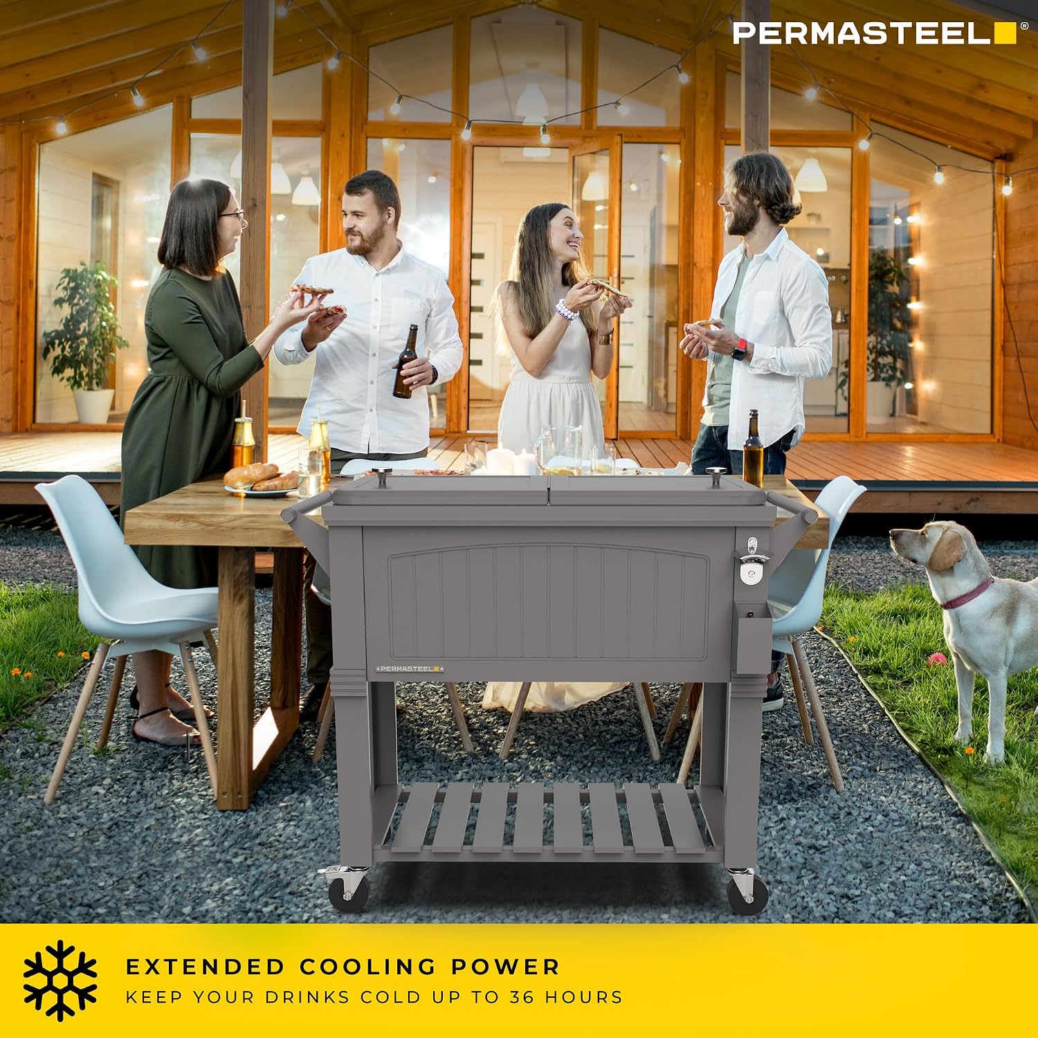 Permasteel Party Cooler with Divider, Spacious 80-Qt Capacity, Chills 36hrs, Serving Tray, Rolling Ice Chest for Indoor and Outdoor Entertainment, Matte Gray