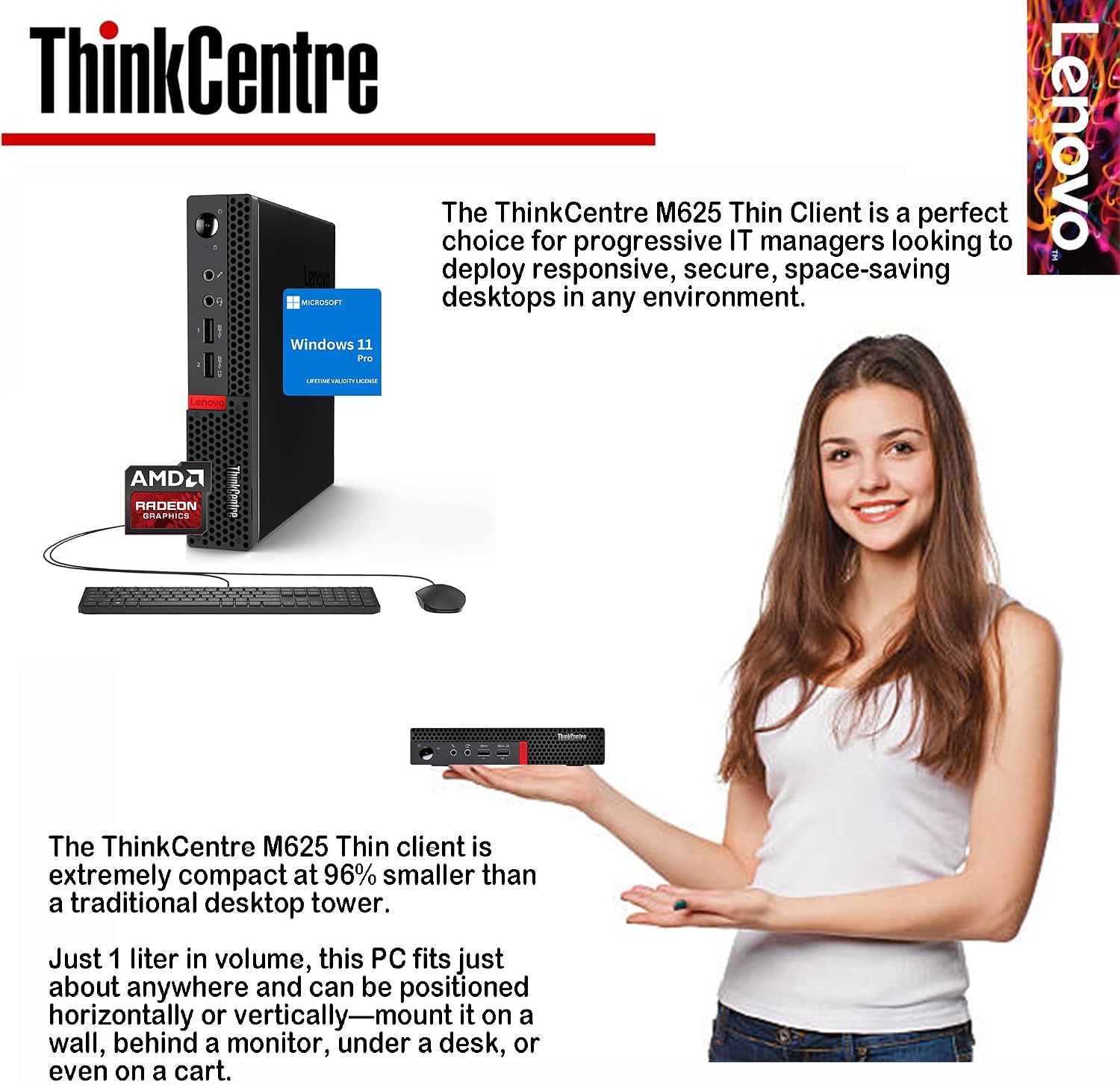 Lenovo Business Mini Desktop PC, AMD Processor, 8GB RAM, 128GB SSD, Dual Display Support, Wi-Fi, Bluetooth, USB & Ethernet Port, Windows 11 Pro, Compact, Quiet, and Space-Saving, w/Keyboard & Mouse