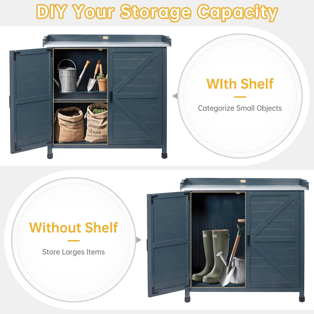 HABAU Outdoor Potting Bench with Storage Cabinet & Metal Tabletop, Wooden Garden Workstation for Patio, Weatherproof