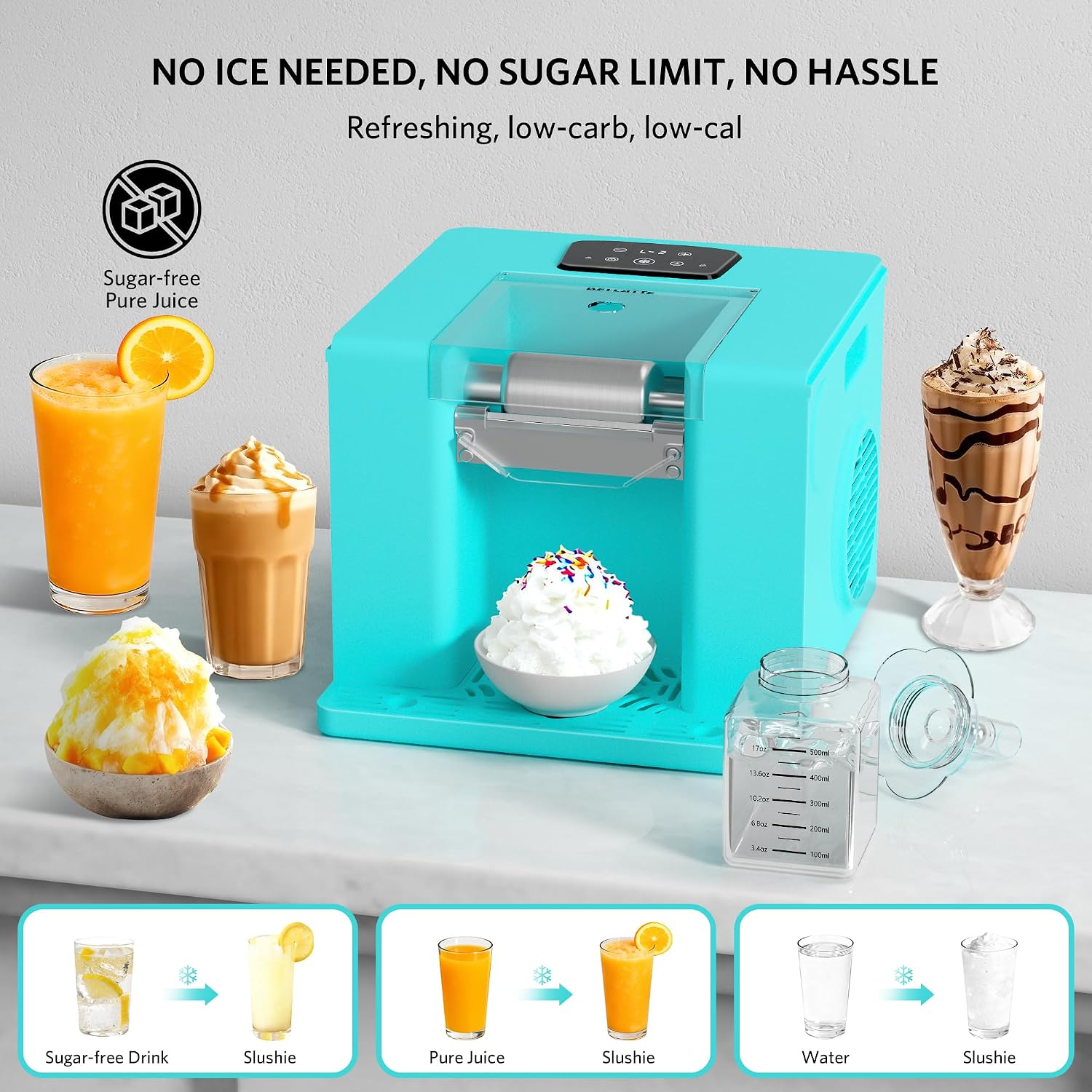 Shaved Ice Machine with Compressor | 60s Fast Fluffy Slushie & Snow Cone Maker | No Pre-Freezing | Sugar-Free Friendly | Self-Cleaning | 16oz Frozen Drink Maker for Home, Party & RV