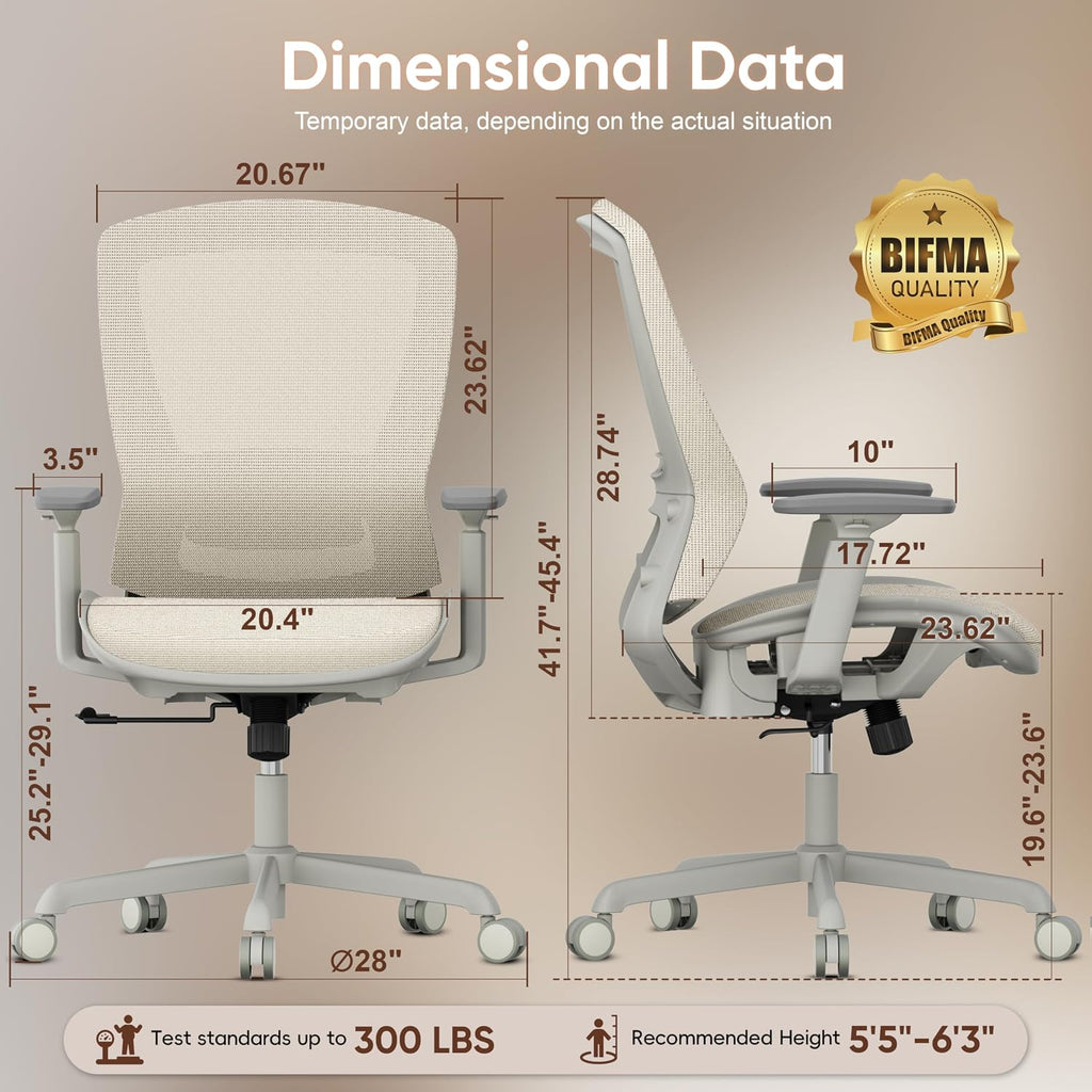 ELABEST Mesh Office Chair,Ergonomic Computer Desk Chair,Sturdy Task Chair- Adjustable Lumbar Support & Armrests,Tilt Function,Comfort Wide Seat,Swivel Home Office Chair (Beige)