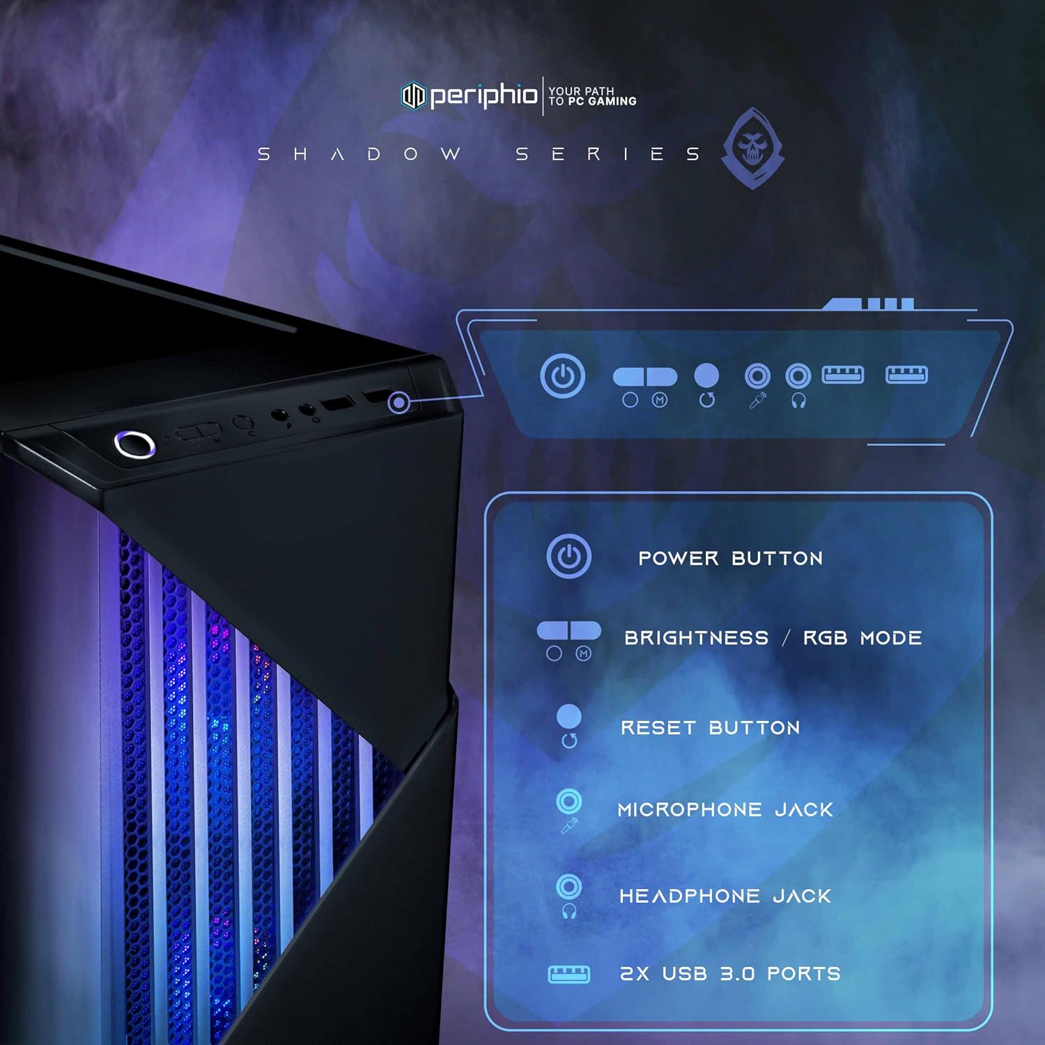 Periphio Reaper Gaming PC, AMD Ryzen 7 5700G up to 4.6 GHz with Radeon Vega 8 Graphics, 16GB DDR4 RAM, 2TBNVMe SSD, WiFi, Windows 11 Home Desktop Computer, RGB, Black, 1080p PC Gaming