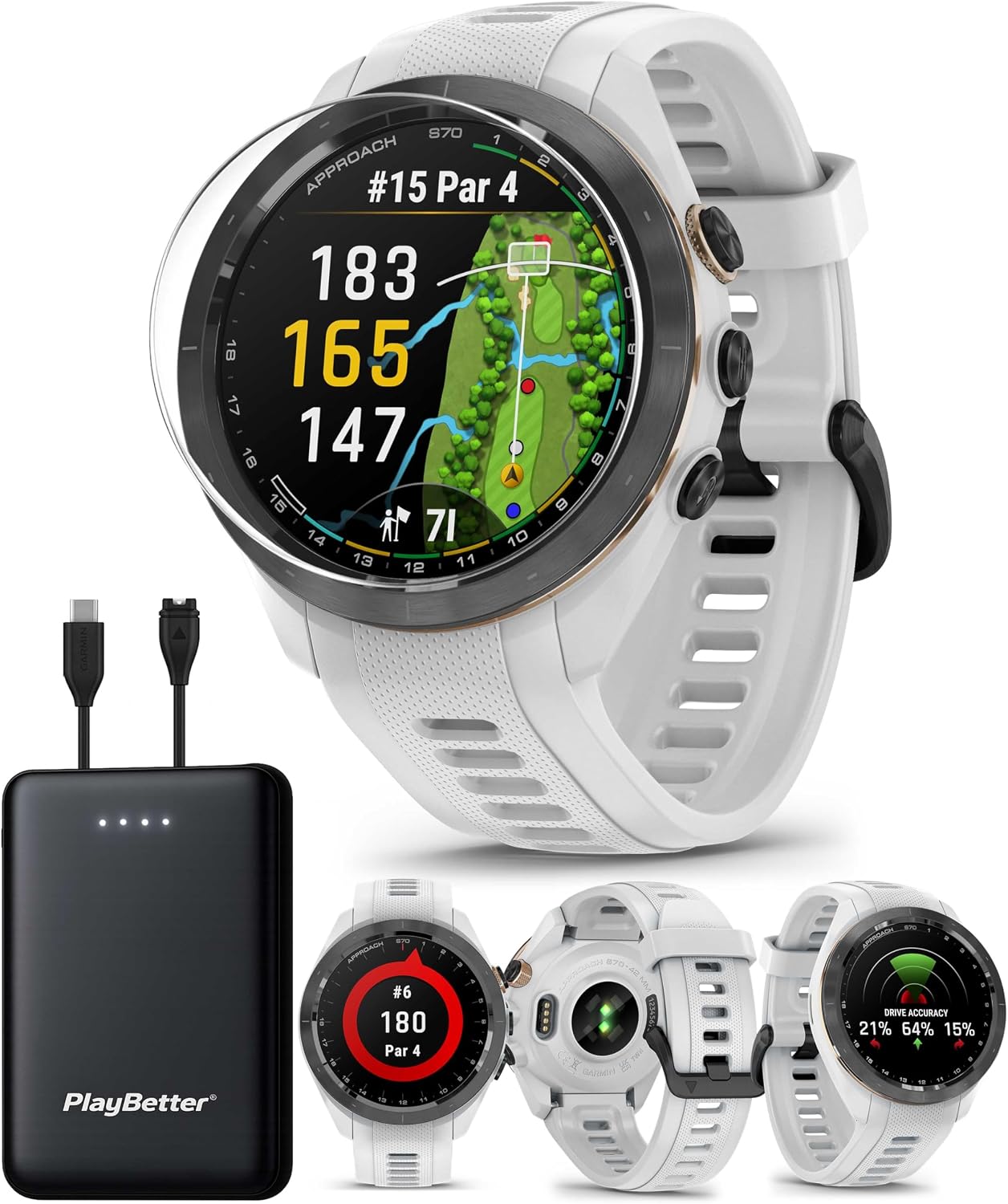 Garmin Approach S70 (White, 42mm) Golf GPS Watch Bundle - AMOLED Display, Virtual Caddie & PlaysLike Distance - Includes PlayBetter 5000mAH Portable Charger & Screen Protectors