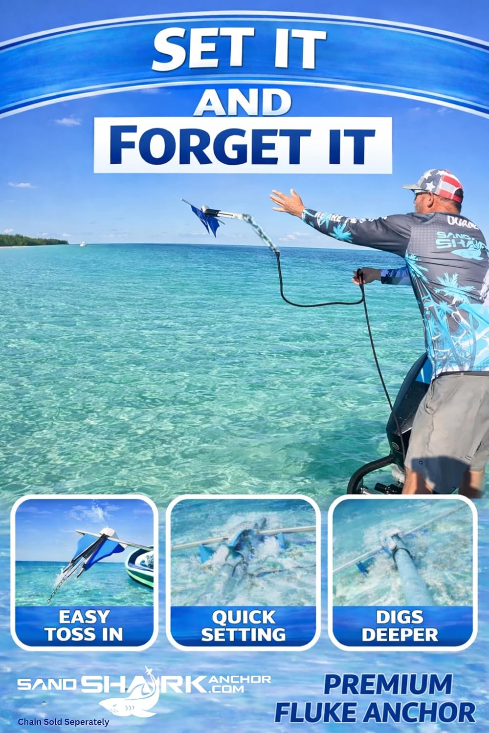 SandShark Premium Fluke Anchor-Retractable Shaft Easy Storage-Aluminum Pontoon Boat Anchor, Jet Ski Anchor. Boats<30 ft. Sand Anchor for Boat, Boat Anchor.