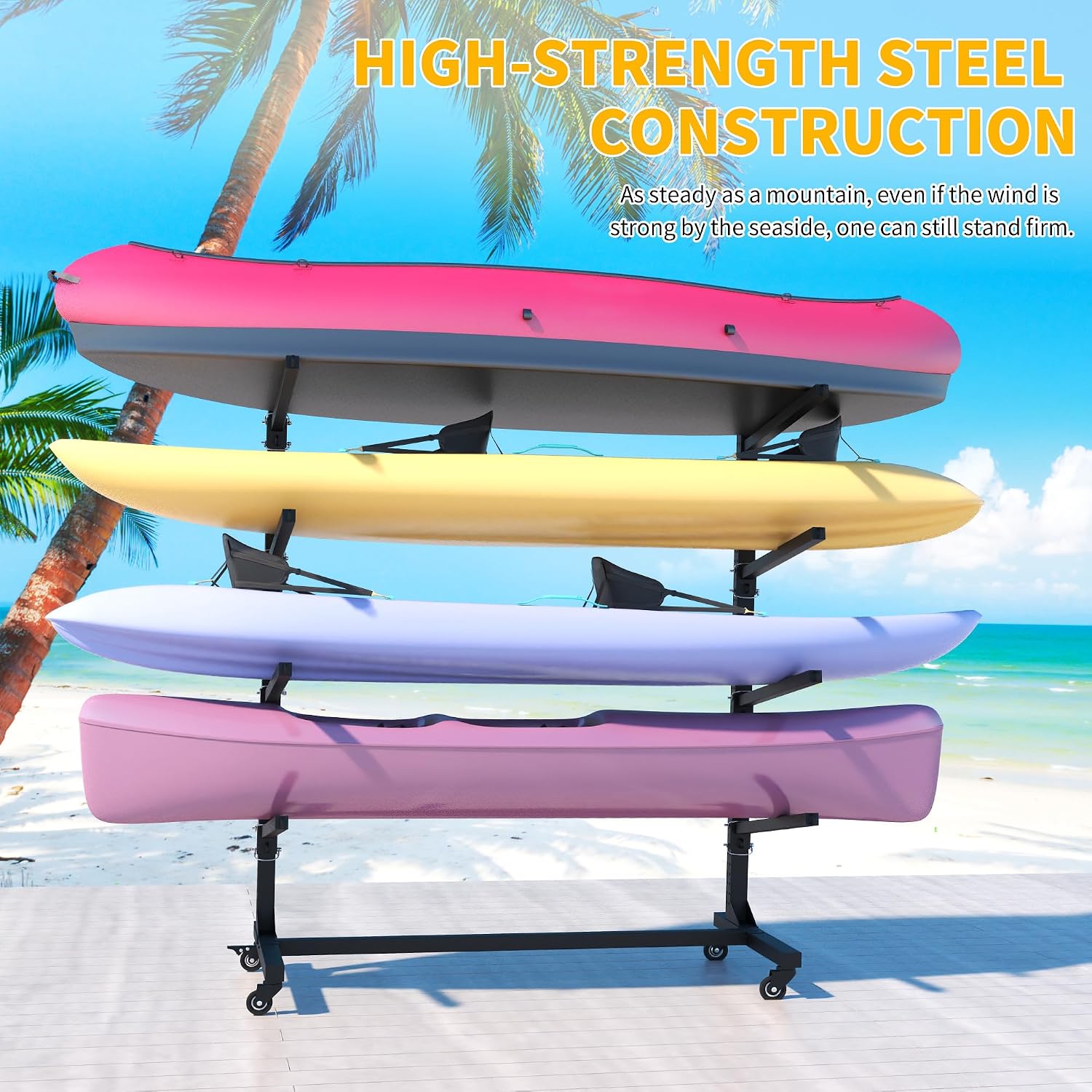 Freestanding Kayak Storage Rack, Heavy Duty Metal Kayak Stand with Lockable Wheels, Adjustable Kayak Holders for Canoes, SUP, Sled, Paddle Board & Surfboard, Garage, Indoor & Outdoor Use