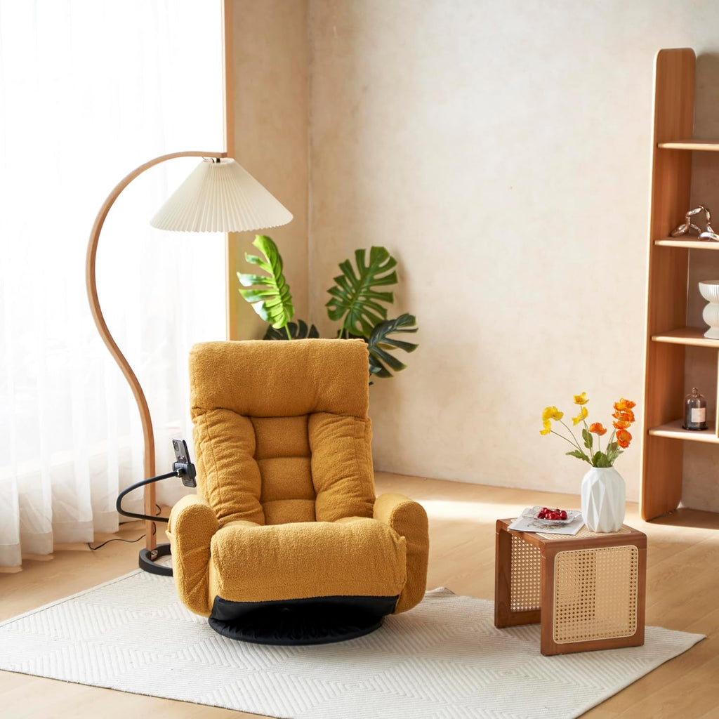 360° Swivel Floor Gaming Chair Yellow Teddy Folding Chaise Lounge Chair Adjustable Comfy Sofa Chair with Armrests, Phone Holder & Padded Cushion, Ideal for Living Room, Bedroom