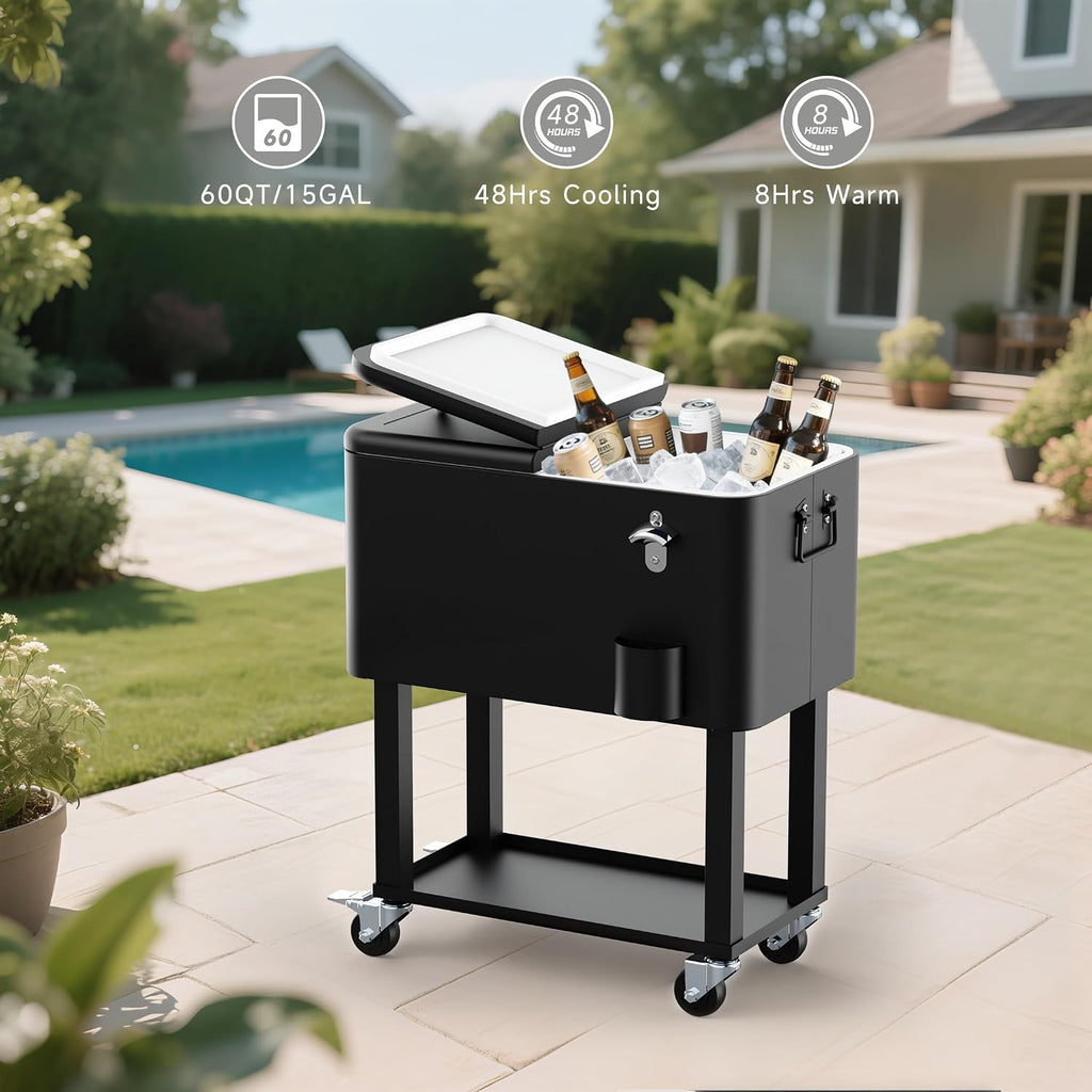 Ice Chest with Wheels, 60 Quart Portable Rolling Cooler with Bottle Opener & Cap Collector & Bottom Storage Tray for Patio Party & BBQ & Beach Activities