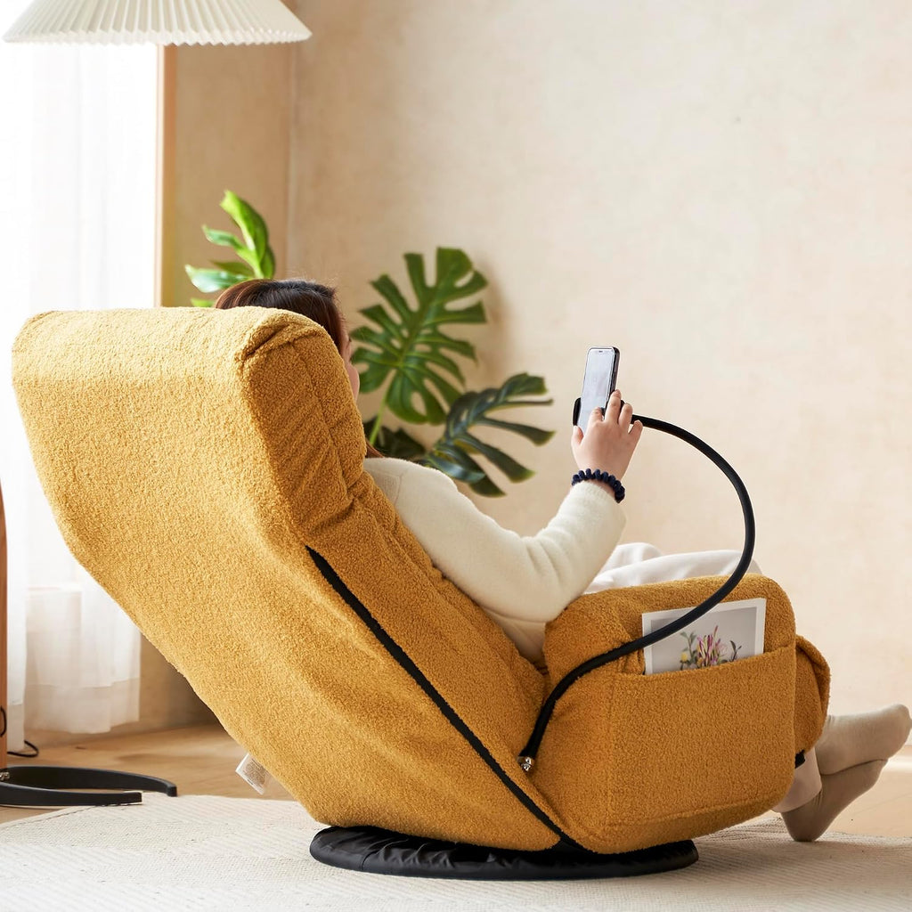 Lounge Sofa Chair with Side Pocket Armrests & Phone Holder. Gaming Chair for TV, Reading,Video,Games.Indoor Floor Chaise in Livingroom, Bedroom.Adjustable Foldable Backres&360° Swivel (Yellow)