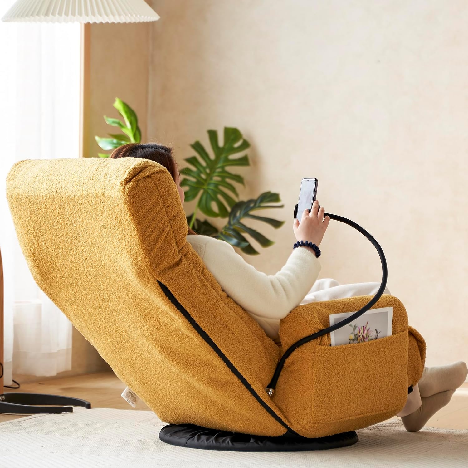 Lounge Sofa Chair with Side Pocket Armrests & Phone Holder. Gaming Chair for TV, Reading,Video,Games.Indoor Floor Chaise in Livingroom, Bedroom.Adjustable Foldable Backres&360° Swivel (Yellow)