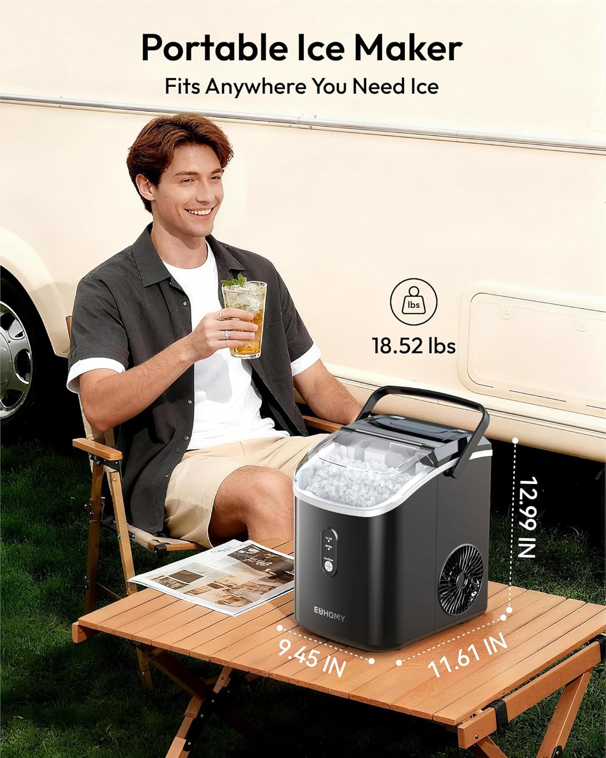 EUHOMY Nugget Ice Maker Countertop with Handle, Ready in 6 Mins, 38lbs/Day, Removable Top Cover, Self-Cleaning, Portable Chewable Ice Maker with Basket, Scoop, for Home/RV/Party/Camping (Black)