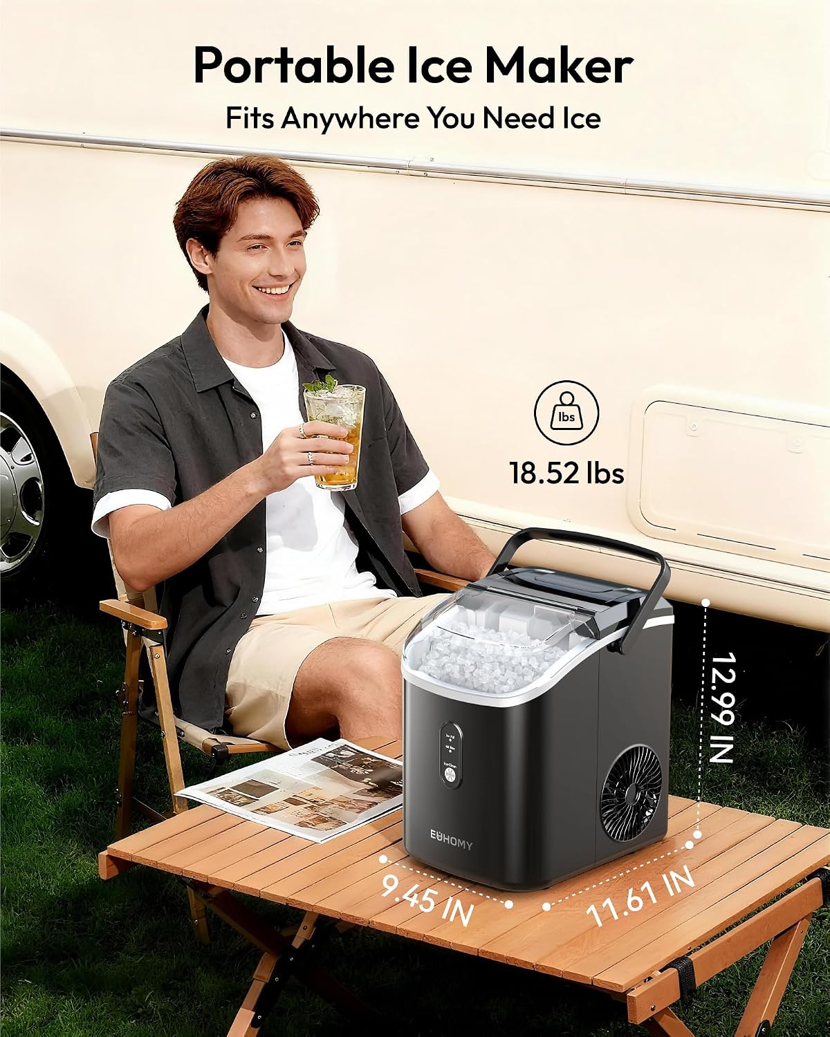 EUHOMY Nugget Ice Maker Countertop with Handle, Ready in 6 Mins, 34lbs Per Day, Removable Top Cover, Self-Cleaning, Portable Sonic Ice Maker with Basket and Scoop, for Home/Party/RV/Camping(Black)