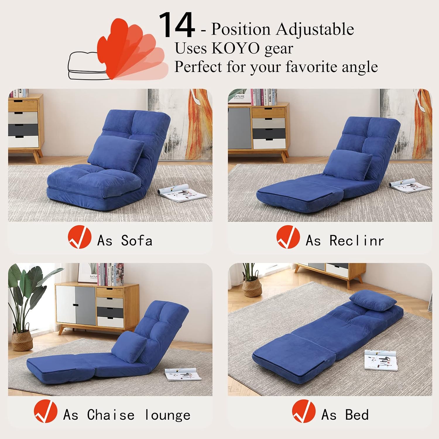 Indoor Chaise Lounge Sofa, Floor Chair with Back Support for Adults, 14 Angle Adjustment Recliner Chair, Folding Floor Lounger with Pillow 8823(Blue)